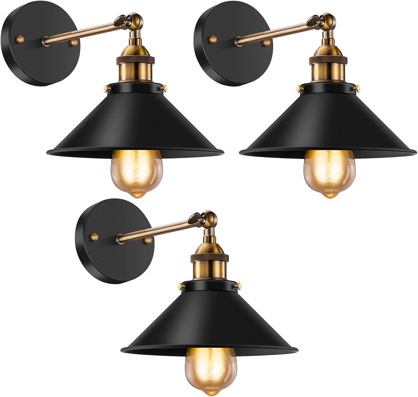 Licperron Vintage Wall Sconces, Industrial Sconces Wall Lighting, Antique 240 Degree Adjustable Black Wall Sconce for Restaurants Galleries Aisle Kitchen Room Doorway, 3 Pack.