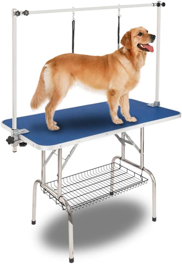 Bonnlo Pet Grooming Table, Portable Dog Grooming Table with Arm Noose & Mesh Tray, Adjustable Foldable Pet Groom Table Stand for Dog Cat, Maximum Capacity Up to 330 LBS