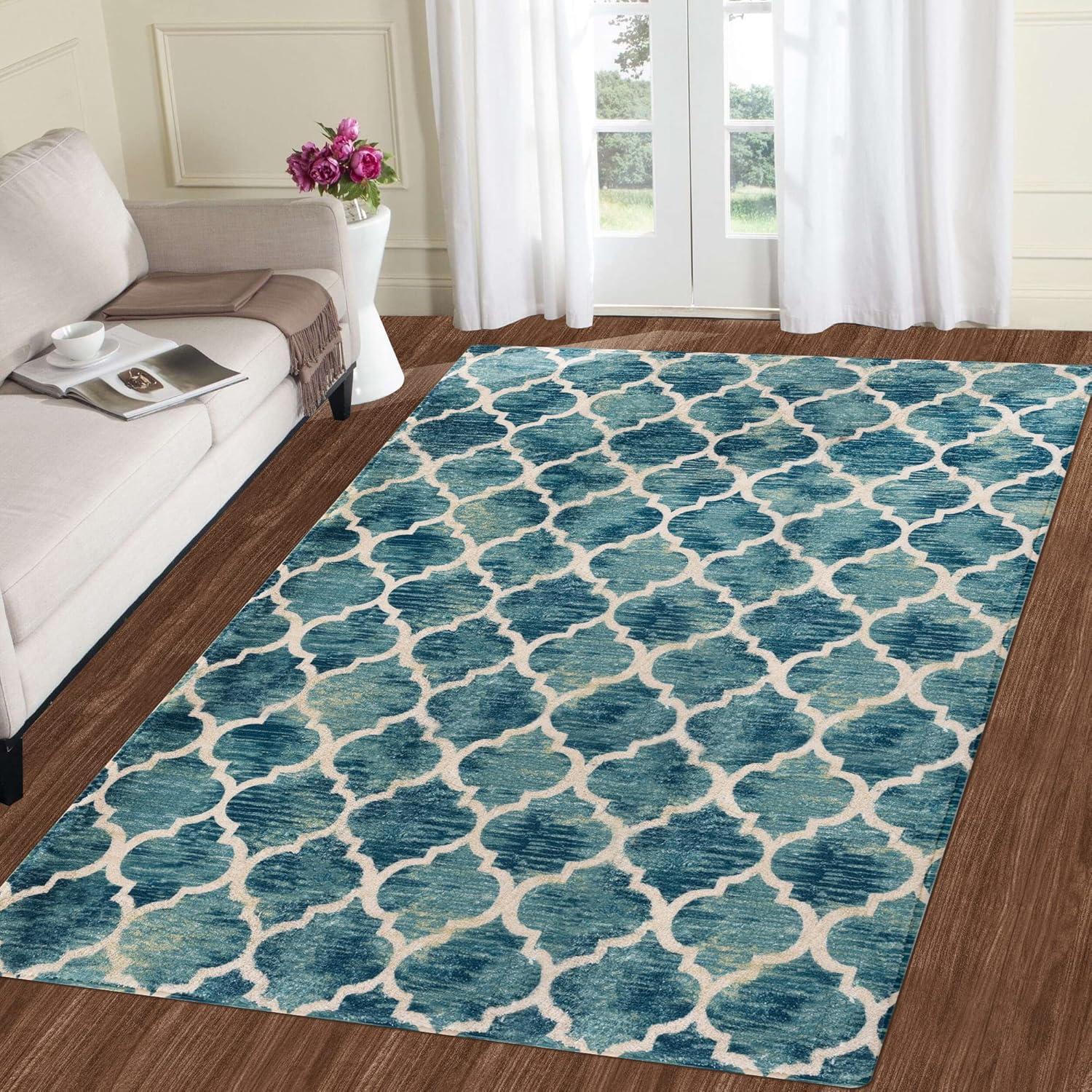 Carvapet 3x5 Small Area Rug Soft Microfiber Velvet Mat Non-Slip Accent Distressed Floor Carpet Moroccan Trellis Throw Rugs for Doorway Bathroom Kitchen Laundry Living Room Decor (3'X 5', Grey Yellow)