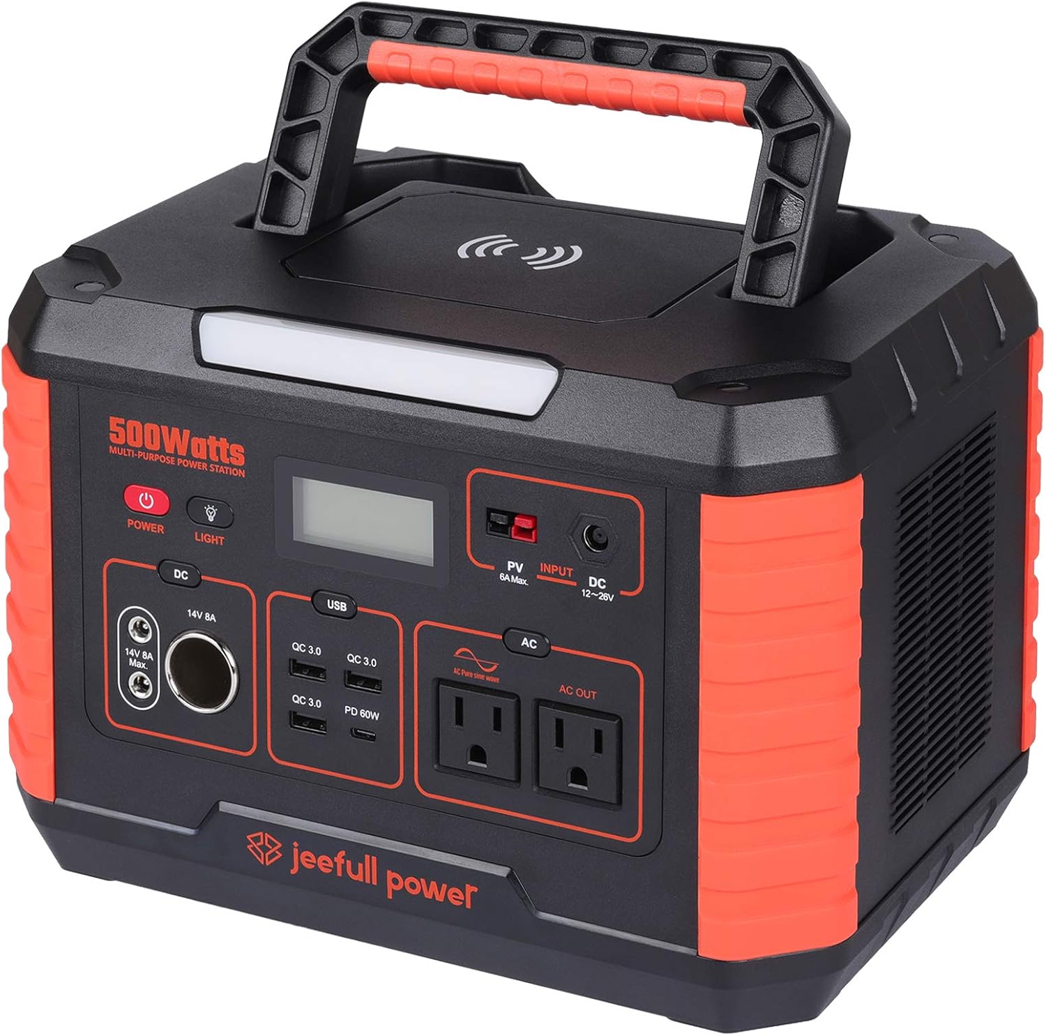 JeefullPower portable power station with solar generator 519.48Wh/140400mAh,backup lithium battery pack with LED light,pure sine wave AC outlet,QC3.0 USB,suitable for outdoor camping travel emergency