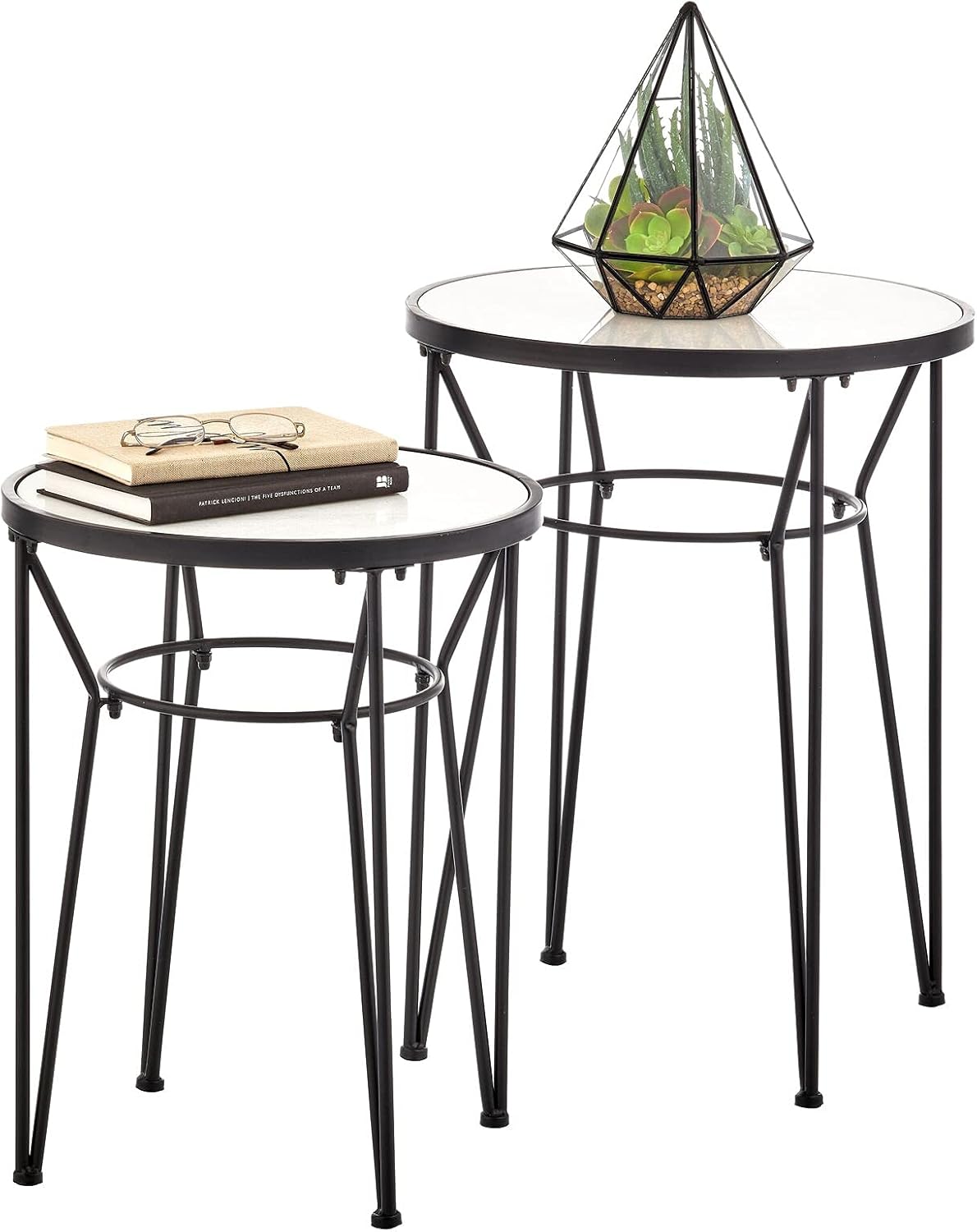 mDesign Round Metal & Marble in-Lay Accent Table with Hairpin Legs- Side/End Table - Decorative Legs, Marble Top - Home Decor Accent Furniture for Living Room, Bedroom - 2 Pack - Soft Brass/Marble