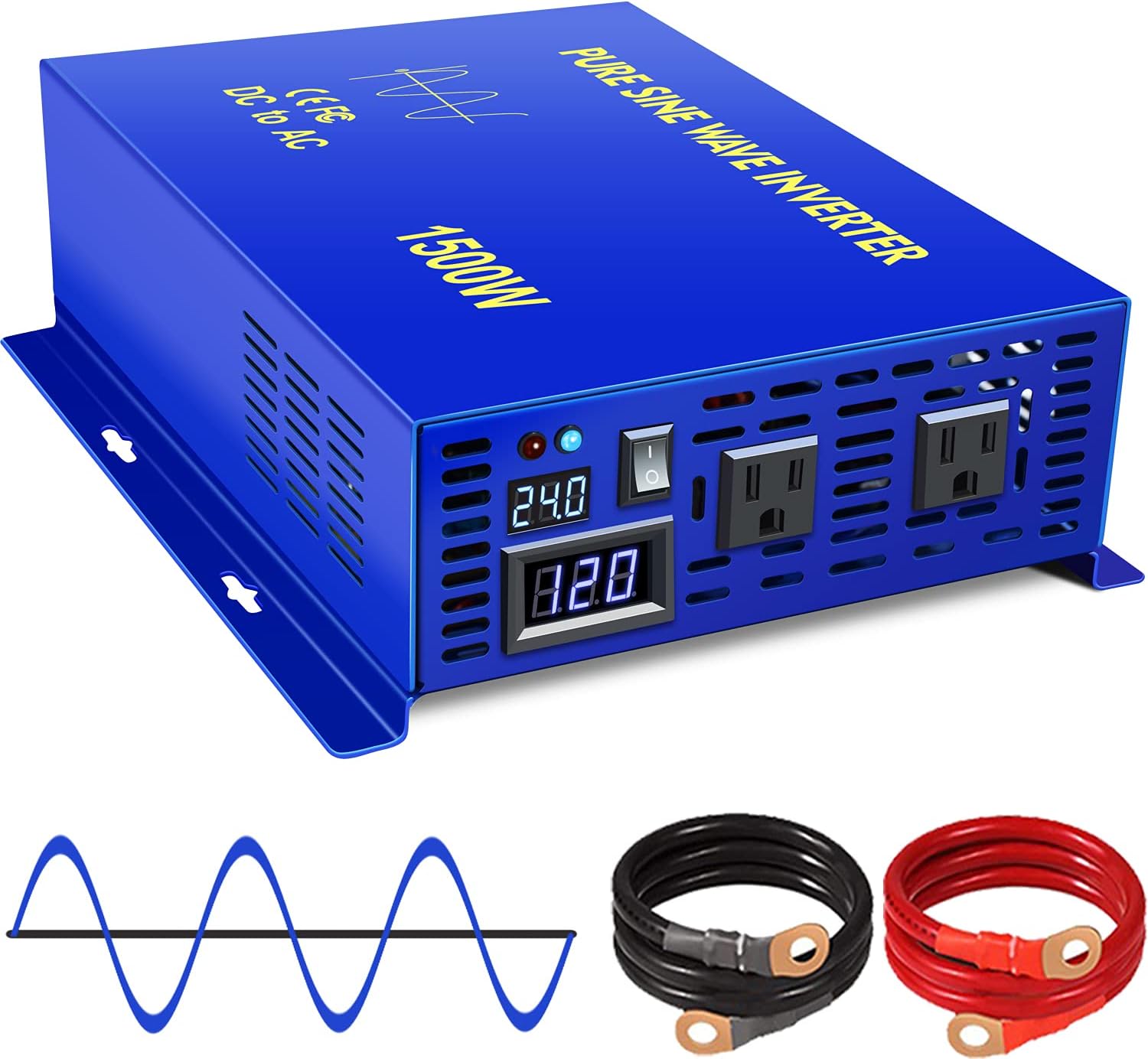 XYZ INVT 1500W Power Inverter Pure Sine Wave Inverter 24V DC to 110V 120V AC with LED Display Dual AC Outlets for Car RV Truck Boat (1500W24V)