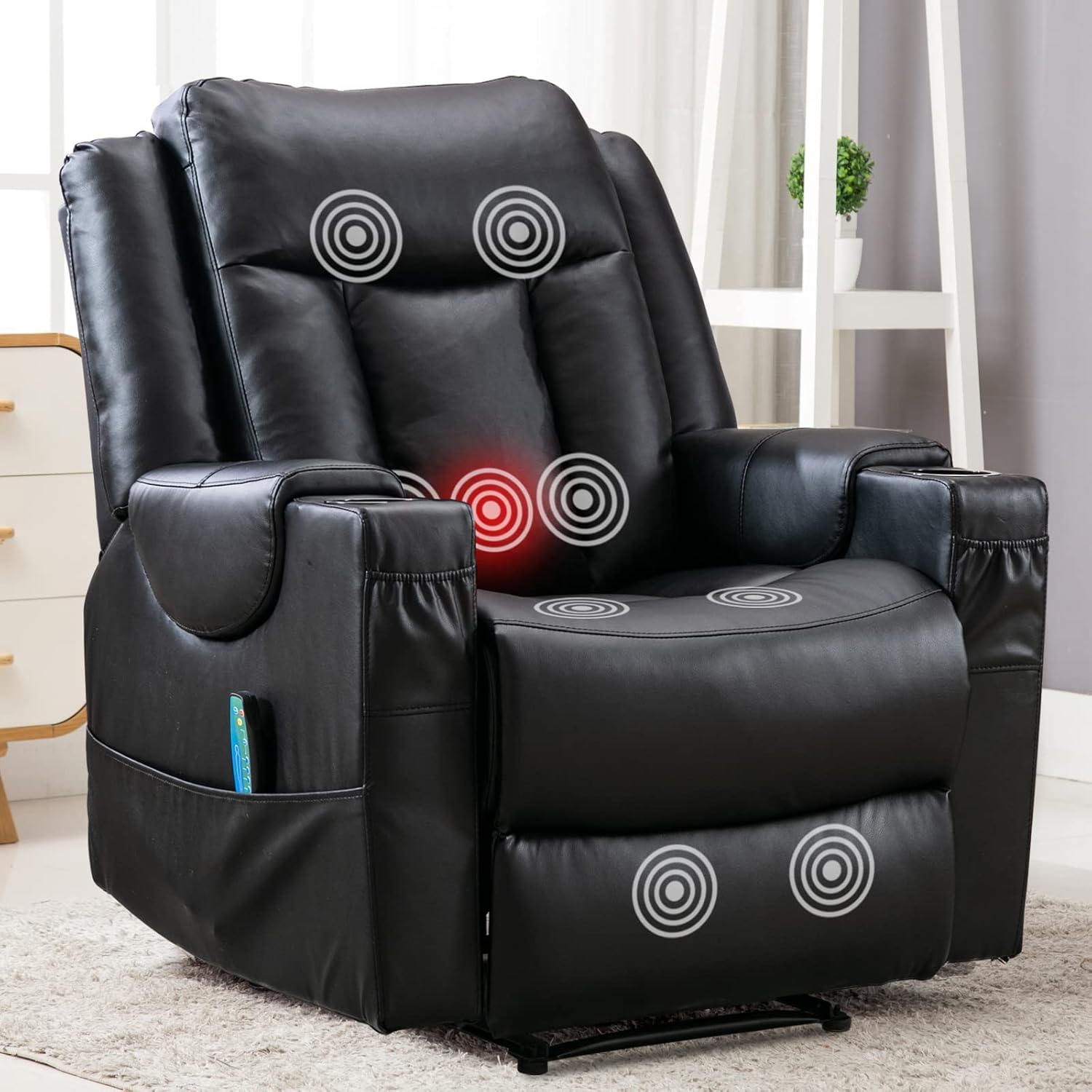CANMOV Manual Recliner Chairs with Heat and Vibration, Faux Leather Lounge Chair for Living Room, Home Theater Seating with Side Pocket, 2 Cup Holders, Black