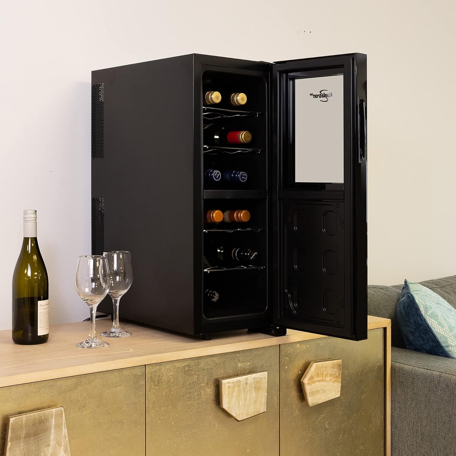 Koolatron WC12DZ, Dual Zone Thermoelectric Cooler 12 Bottle Capacity with Digital Temperature Controls-Wine Cellar with Quiet Cooling Power and 4 Removable Shelves, Black/Silver
