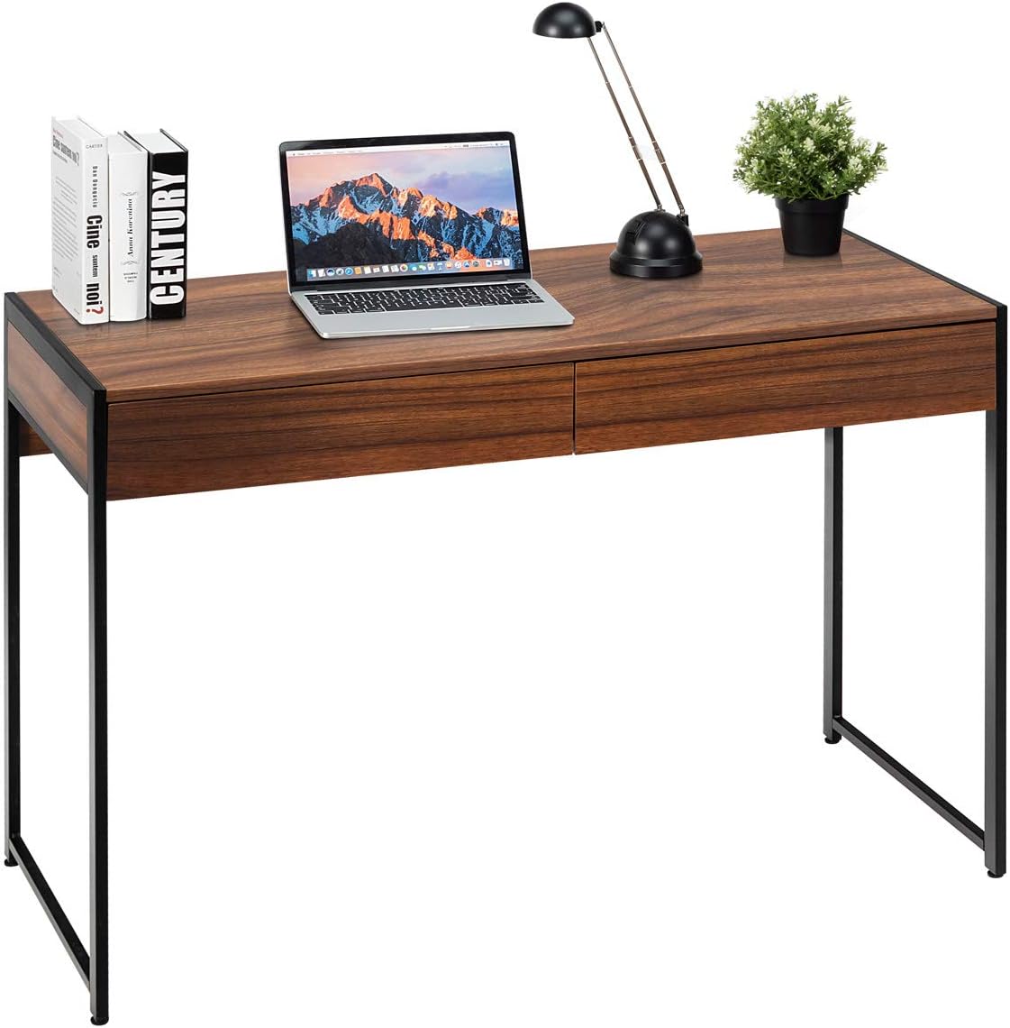 Tangkula Computer Desk with 2 Drawers, Simple Wooden Study Writing Desk with Steel Frame, 44 Inches Laptop PC Workstation, Student Desk Home Office Desk Ideal for Bedroom & Office (Black)