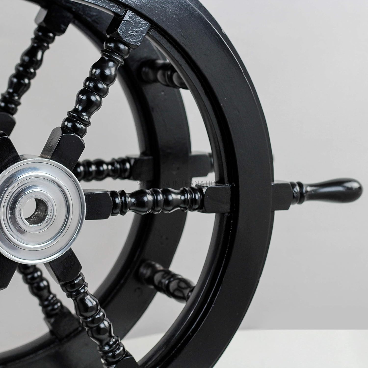 18 in. Teak Black Ship Wheel Table ships helm steering wheel stool - side table - wood