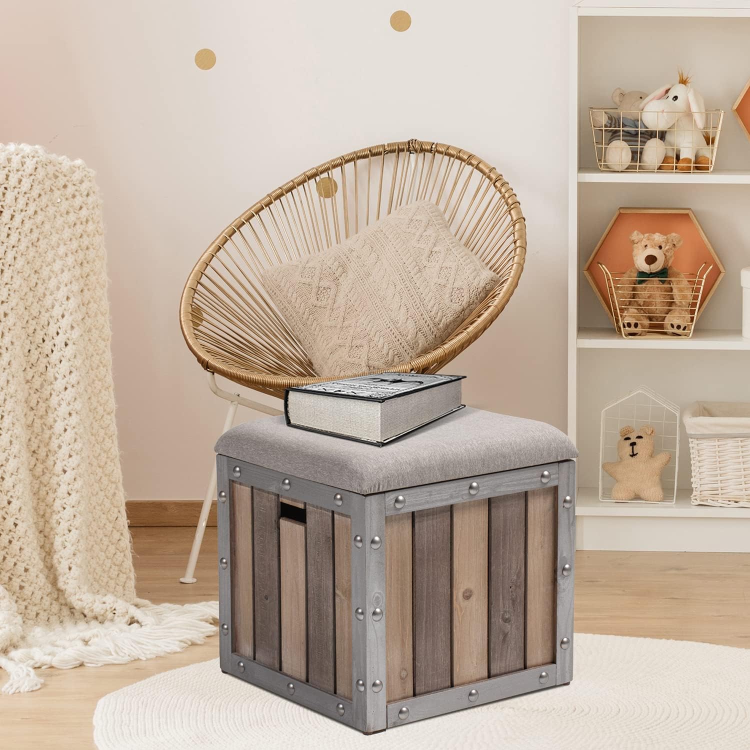 HOMPUS Storage Ottoman Cube Foot Rest Stool 18 Inches Footrest Stroage Chest with Linen-Look Fabric Seat and Wood Legs, Space-Saving Toy Box for Living Room and Bedroom