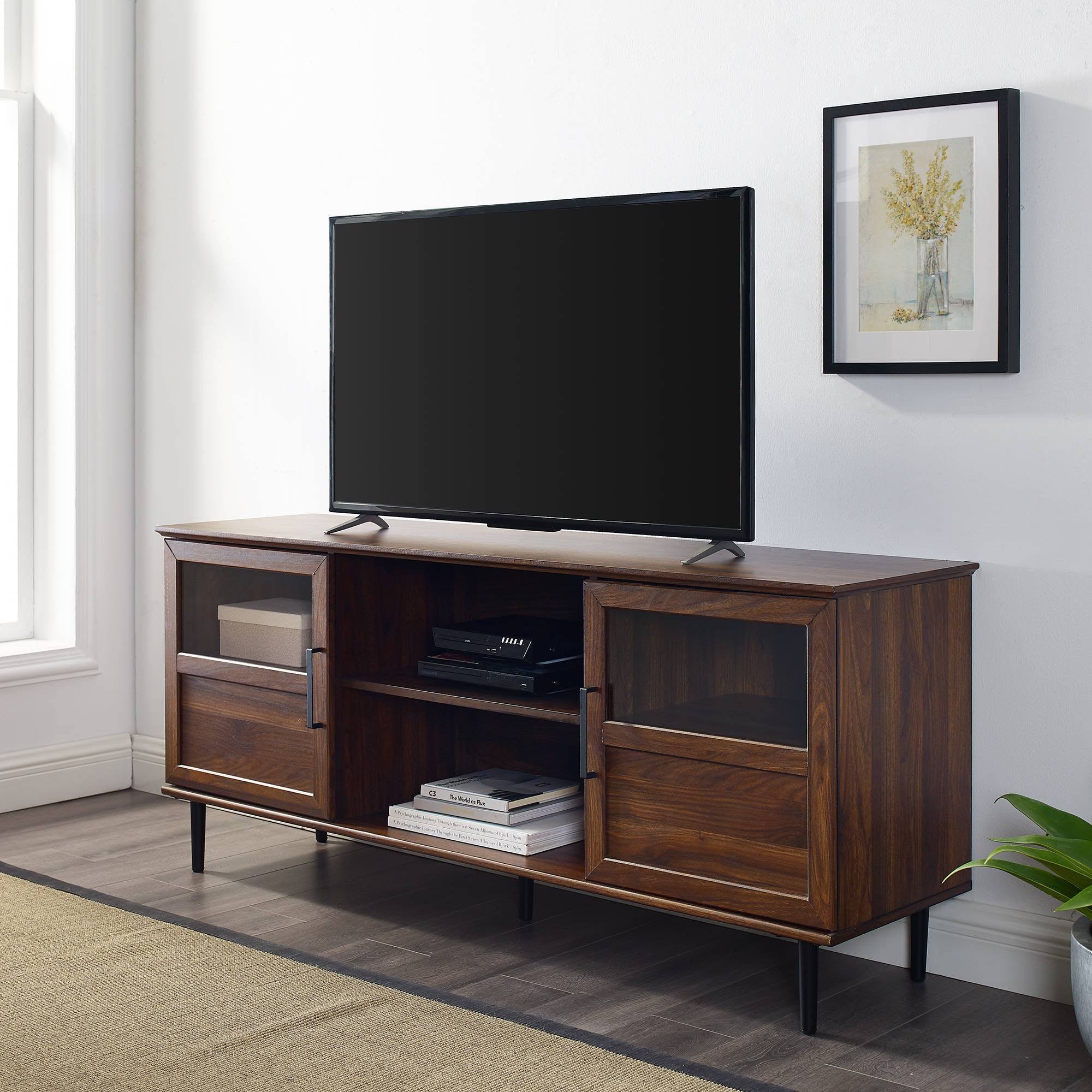 Glass Wood Split Panel Door Console TV Stand for TVs Up to 65x22 Dark Walnut - Saracina Home