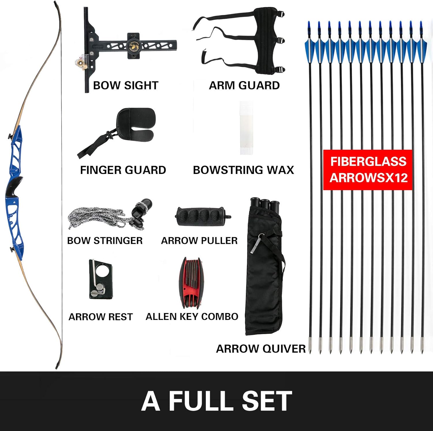 Bkisy Recurve Bow Set 18-38 lbs Archery Bow Aluminum Alloy Takedown Recurve Bow Right Hand Bow with 12 Arrows for Adults Youth Hunting Shooting Practice Competition Blue