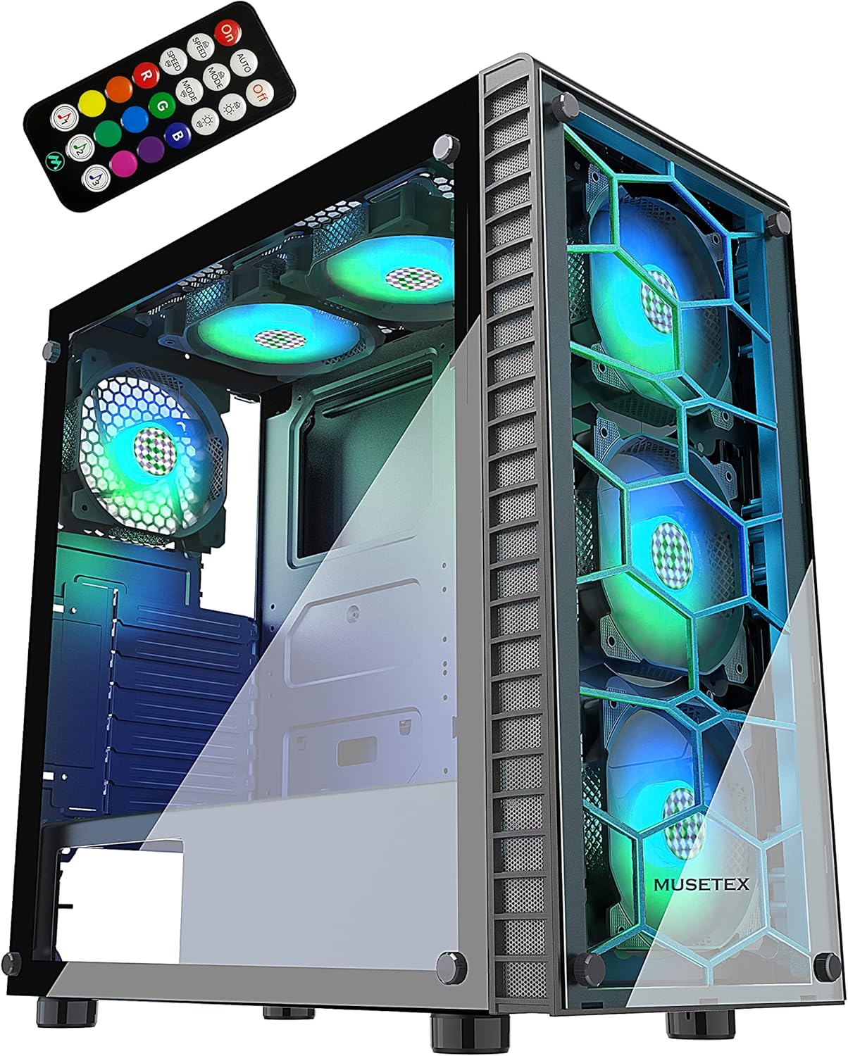 MUSETEX ATX PC Case with 6 Pcs 120mm ARGB Fans, Computer Gaming Case Mid-Tower Phantom Black, Tempered Glass Computer Chassis, USB 3.0, MN6-B