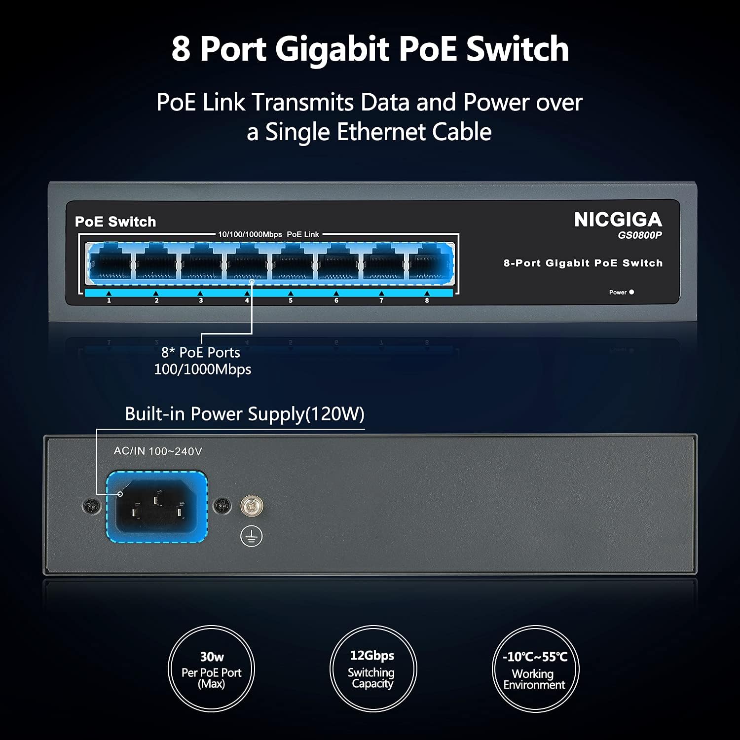 NICGIGA 8 Port Gigabit PoE Switch with 8 Port PoE+ @120W, Sturdy Metal Fanless Housing for Desktop/Wall/Rack Mount, Plug and Play, Unmanaged Power Over Ethernet Switch(GS0800P) Pack of 2