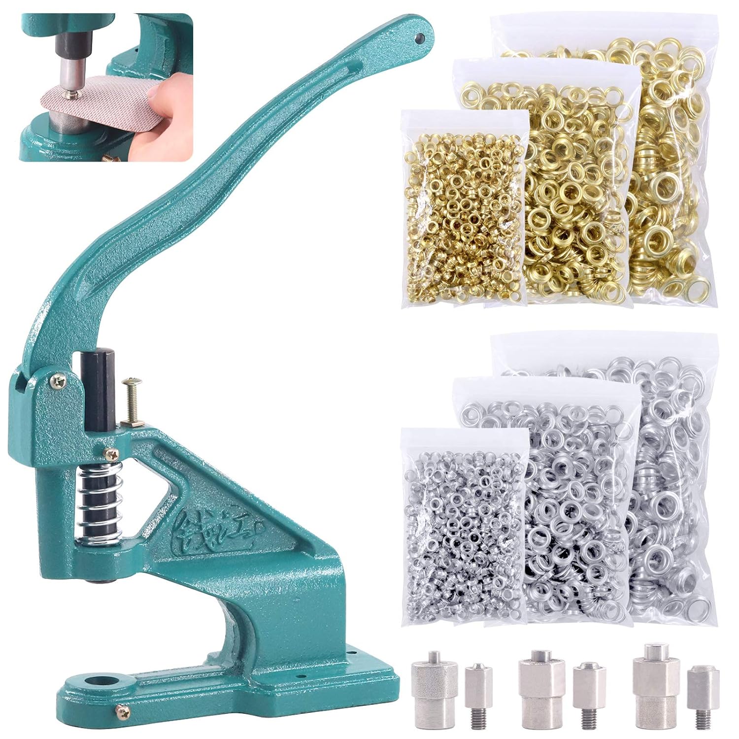 Hilitchi Heavy Duty Hand Press Grommet Eyelet Machine Punch Tool with 3 Dies #0#2#4 (1/4, 3/8, 1/2 Inch) and with 1500Pcs Golden and 1500Pcs Silver Grommets Eyelet Kit