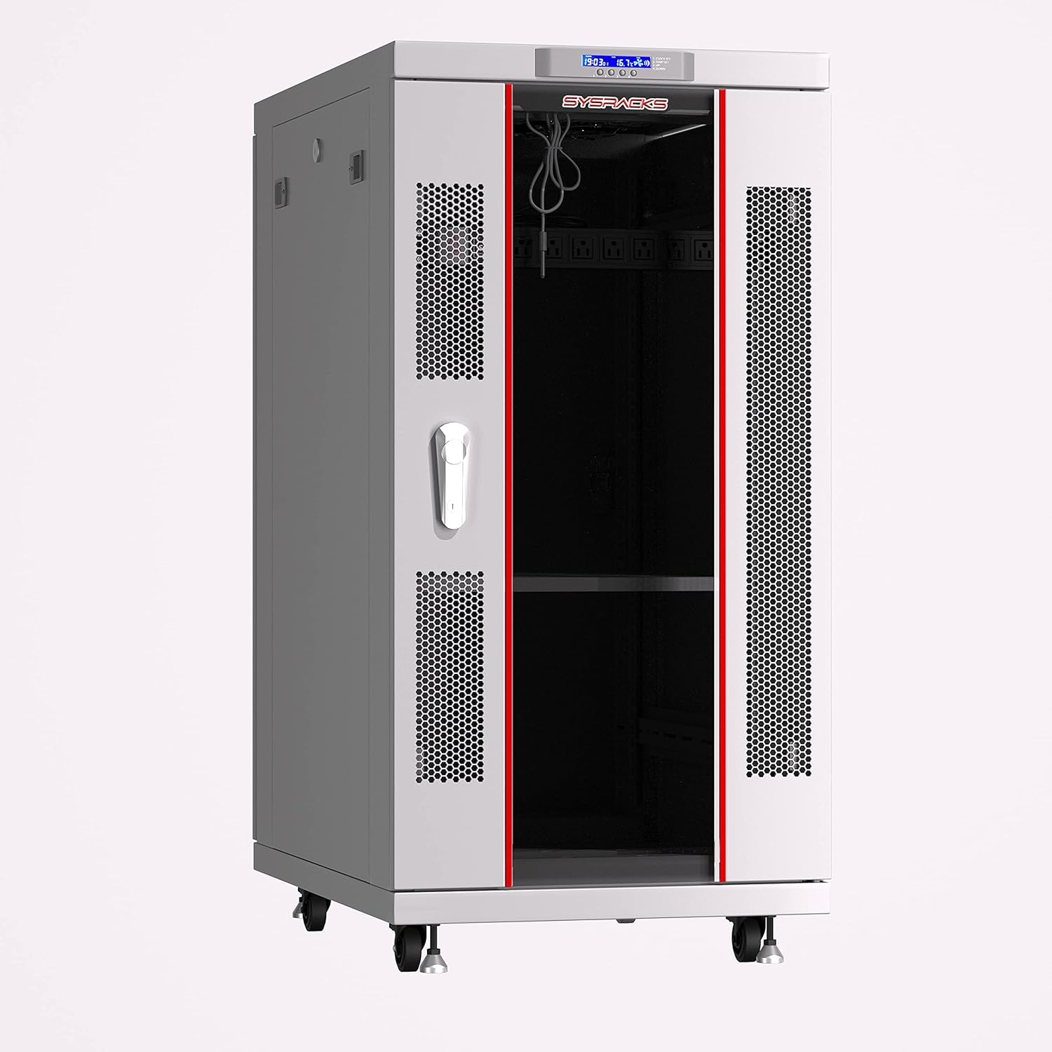 Sysracks 18U 35 Inch Deep Grey White Server Rack IT Network Data Rack Cabinet Enclosure Fully Lockable on Wheels - LCD Screen - Ventilation System - PDU - Glass Door - Rich Accessories Kit