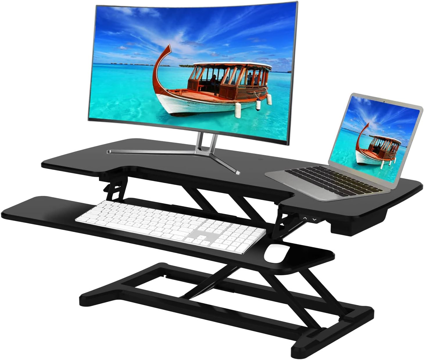 [Electric] Aveyas 32 inch Standing Desk Converter, Height Adjustable Ergonomic Sit to Stand Up Riser, Dual Monitor Lift Computer Workstation for Home Offcie Cubicle Table Desktop (Black)