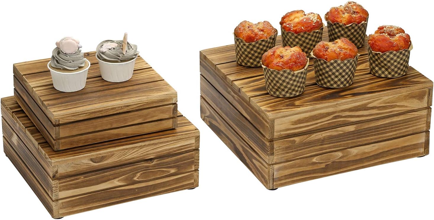 MyGift Rustic Dark Brown Wood Stackable Display Box Riser Stands, Set of 3 Pack of 2
