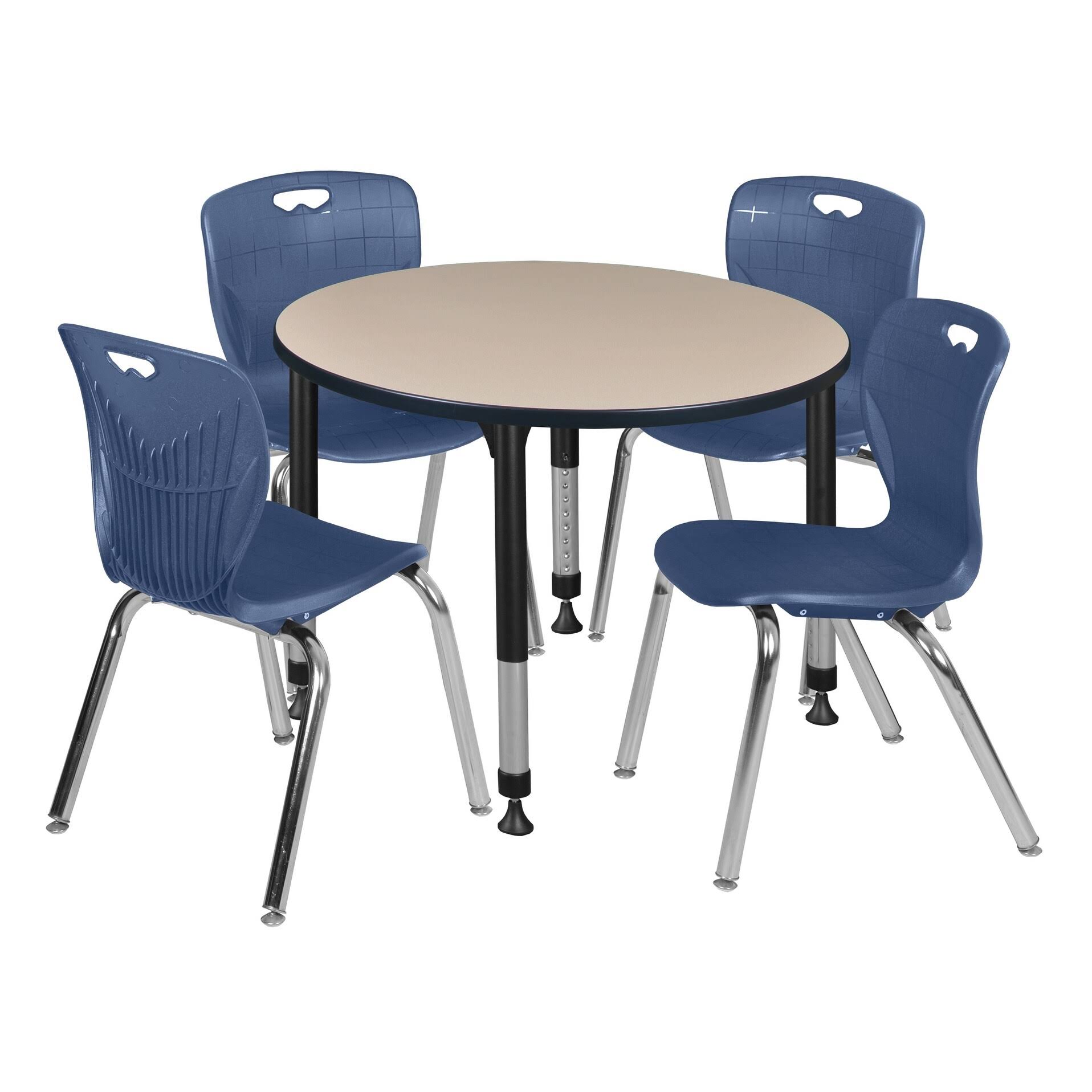 Regency Kee 36x22 Round Height Adjustable Classroom Table - Beige u0026 4 Andy 18-in Stack Chairs- Navy Blue