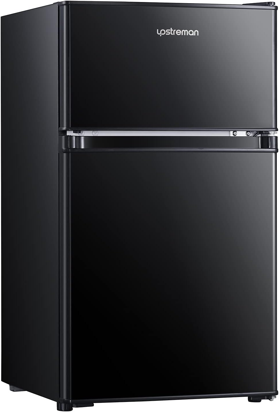Upstreman 3.2 Cu.Ft Mini Fridge with Freezer, Double Door Mini Fridge, Adjustable Thermostat, Mini Refrigerator for Dorm, Office, Bedroom, Black-BD321