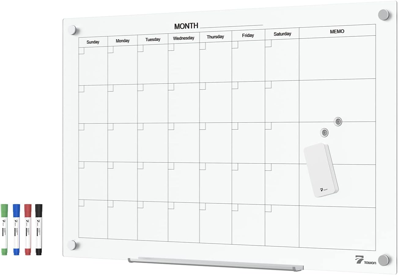 TOWON Glass Magnetic Dry Erase Board, Whiteboard for Wall, Clear Glass White Board with Pen Tray, Black Surface, Frameless, Black, 47 x 35 Inches