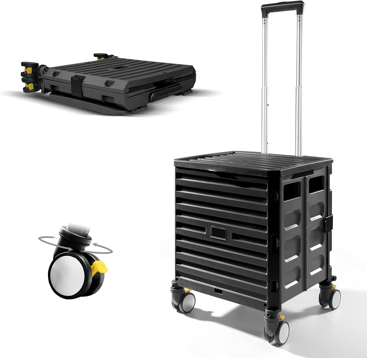 CNAMOY Stair Climber Wheeled Rolling Crate Collapsible Rolling Cart for Teachers Heavy Duty Foldable Utility Cart with Telescoping Handle and Lid for Groceries Shopping Travel Office Use - Black