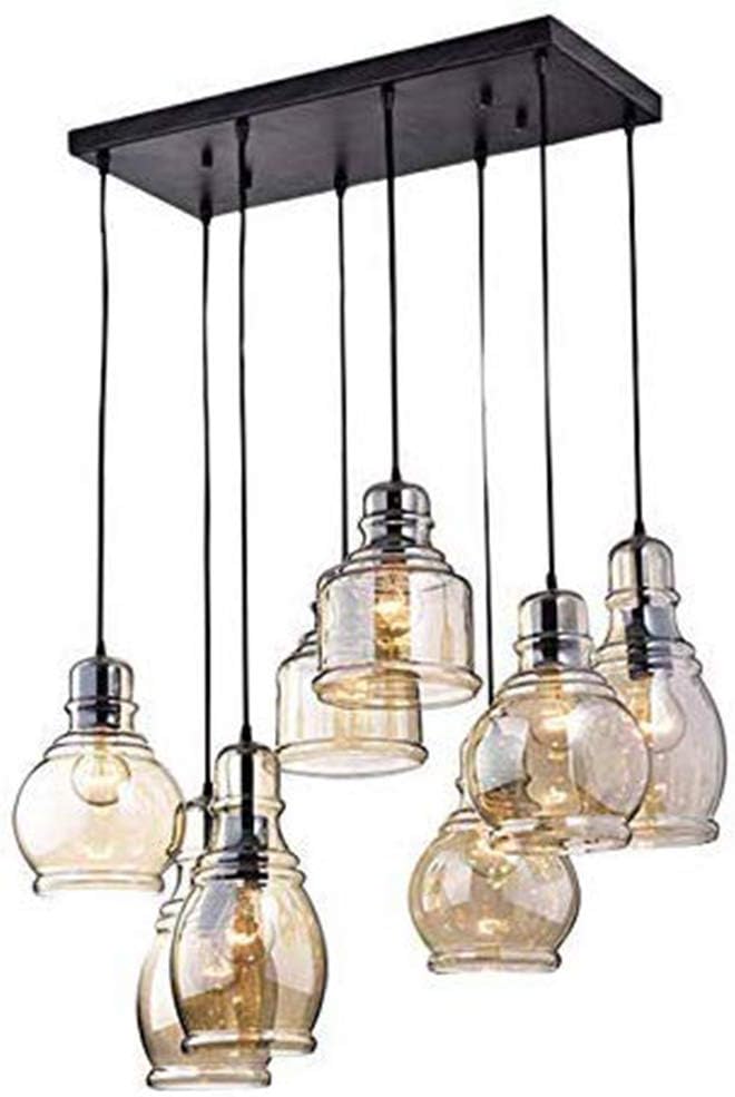 FM-24 Vintage 8-Lights Island Cognac Glass Cluster Pendant Chandelier Antique Black Finish Glass Ceiling Lights for Dining Room, Cafe, Bar