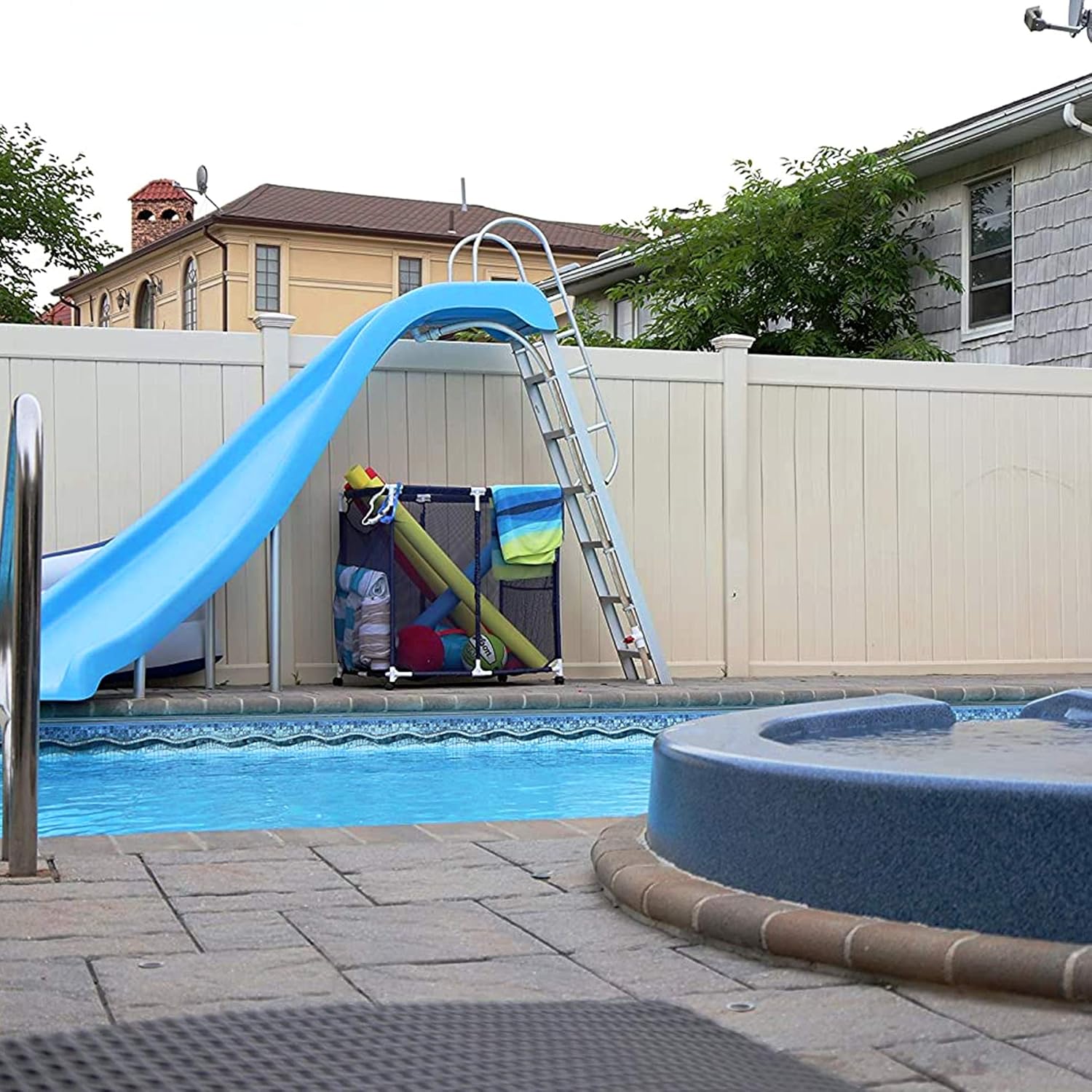 Modern Blue Pool Storage Bin - Extra Large | Perfect Contemporary Nylon Mesh Basket Organizer For Your Goggles, Beach Balls, Floats, Swim Toys & Accessories | Air Dry Items Quickly & Easily Roll The Mesh Storage Bins To Your Home Garage or Shed Pack