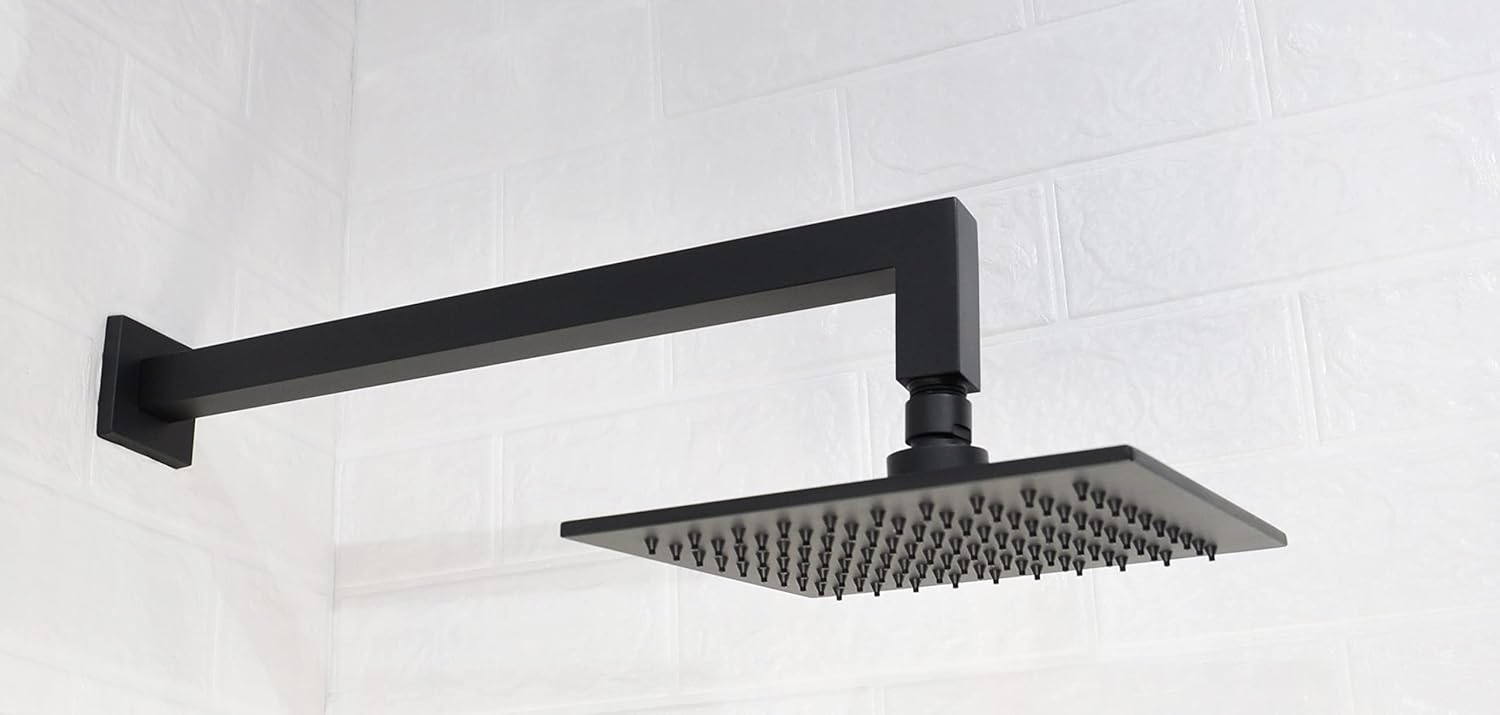 Aquaiaw Square Shower Arm and O-Ring Escutcheon, 16 inch, Solid Brass, Soldered 90 Degree, Both Soldered 1/2 NPT Tapered Threads, Matte Black, Wall Mount, Rainfall Shower Head Extension Arm and Flange