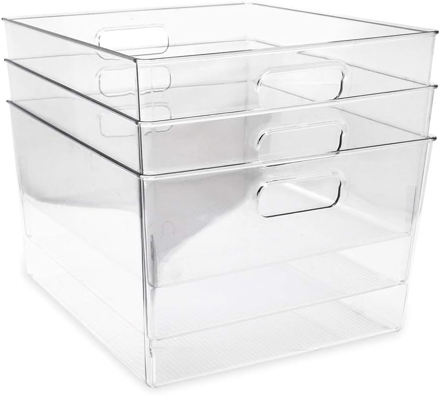 Isaac Jacobs 3-Pack XL Clear Storage Bins with Handles, Plastic Organizer for Office, Home, Kitchen, Pantry, Closet, Kids Room, Cube Shelf, Non-Slip Container Set (3-Pack, Extra-Large) Pack of 2