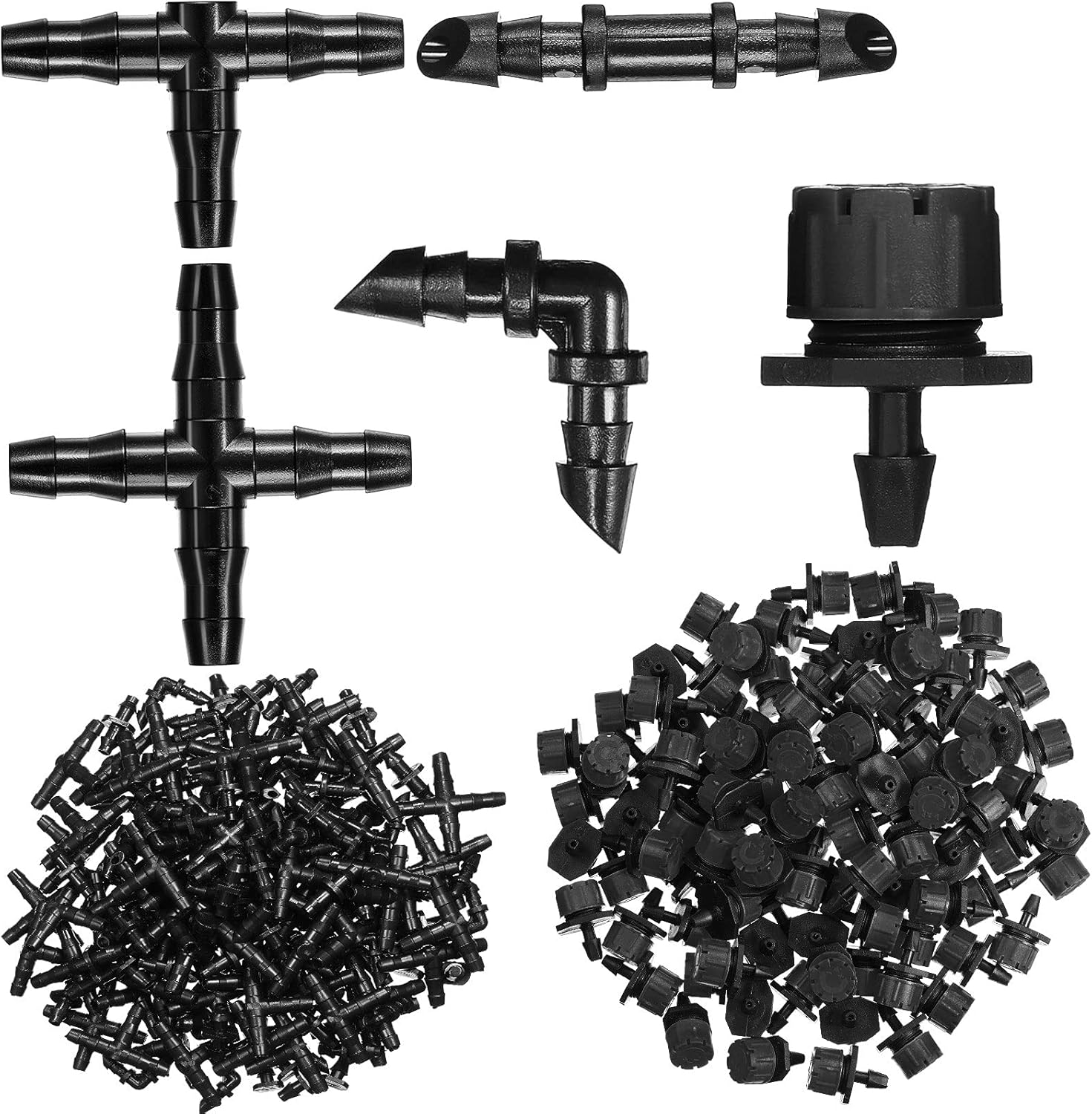 200 Irrigation Fitting Kit Drip Irrigation Connector Include 50 Single Barbed Connector 20 Tee 20 Elbow 10 4-Way Coupling and 100 Adjustable Irrigation Dripper for 1/4 Inch Tubing (Black and Red) Pack of 2