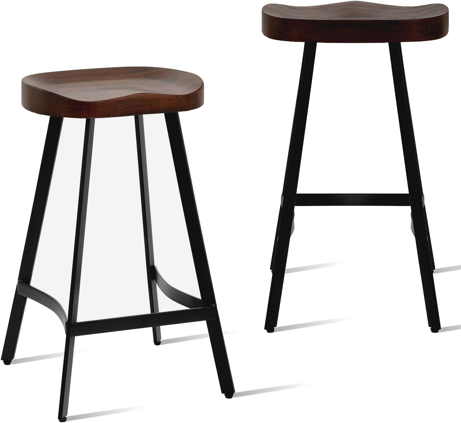 GWAREZ Set of 2 Industrial Rustic Bar Stool Saddle Seat Counter Height Farmhouse Stool-Metal and Wood Top Dining Stools,Backless,Stackable,Fully Welded -26.8 inch