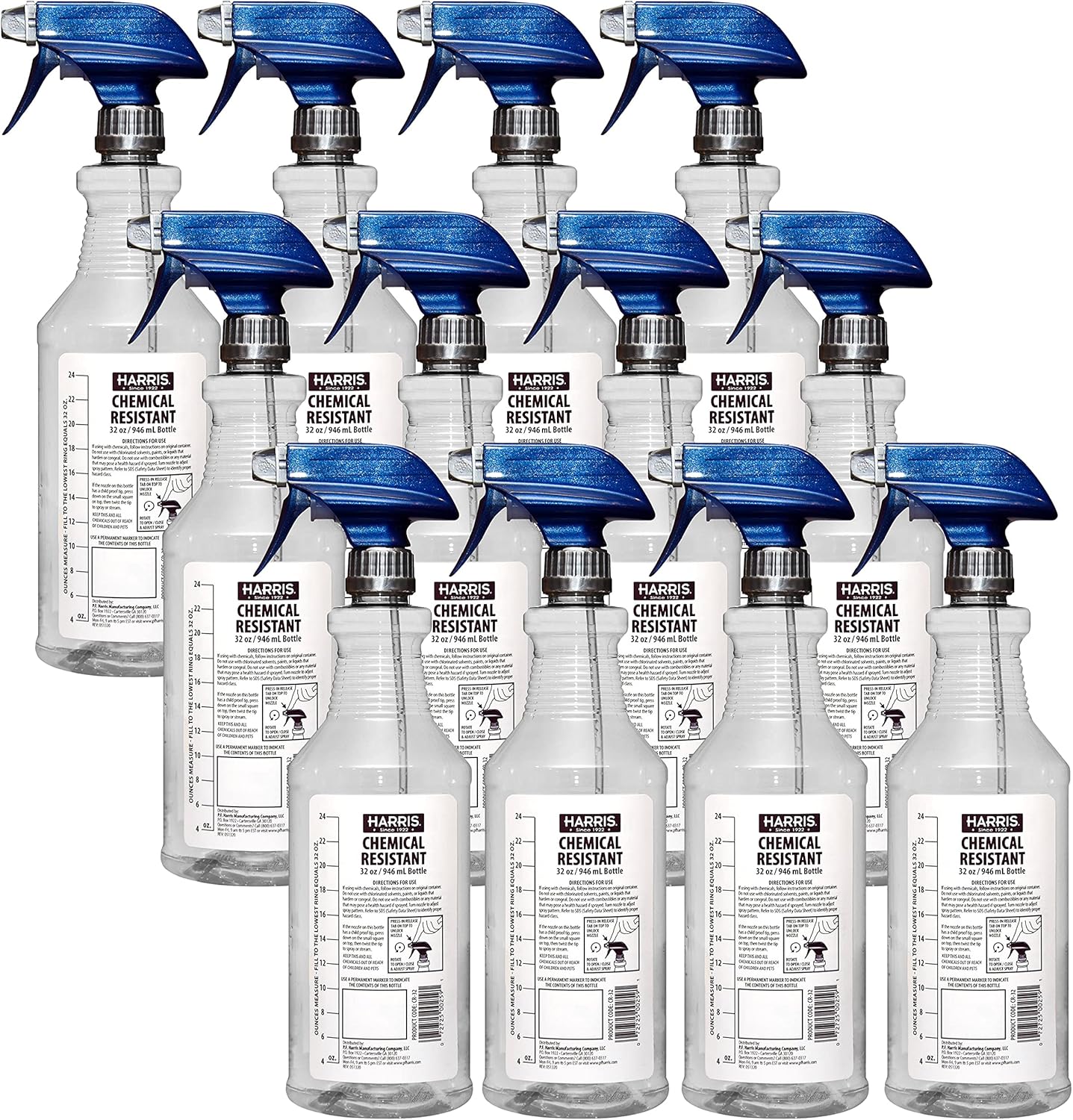 HARRIS 100% Chemically Resistant Professional Spray Bottles, 32oz (12-Pack) Pack of 2