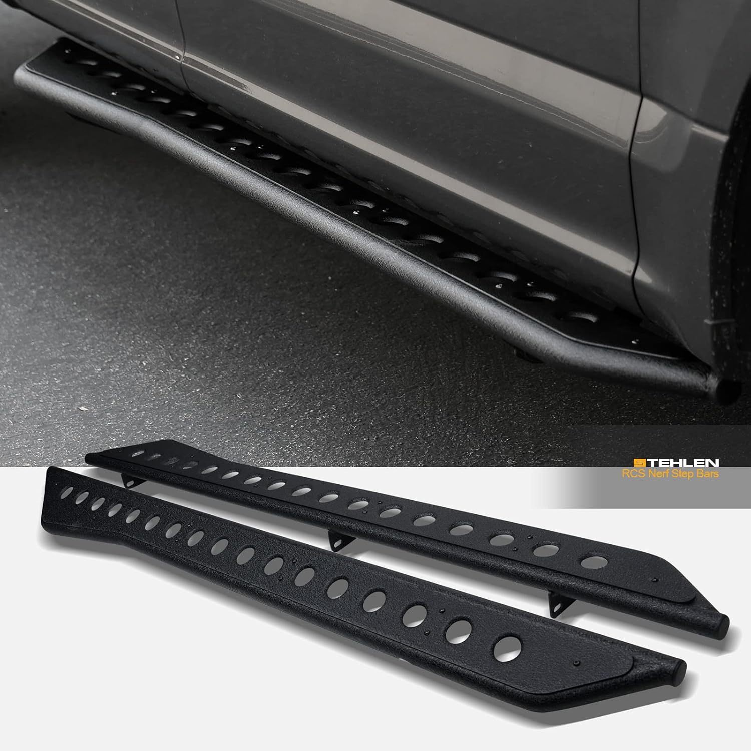 Stehlen 642167823544 Round Pattern Rock Slider Rocker Style Side Step Rail Nerf Bars Running Boards - Textured Black For Ram 1500 2019-2022 Crew Cab