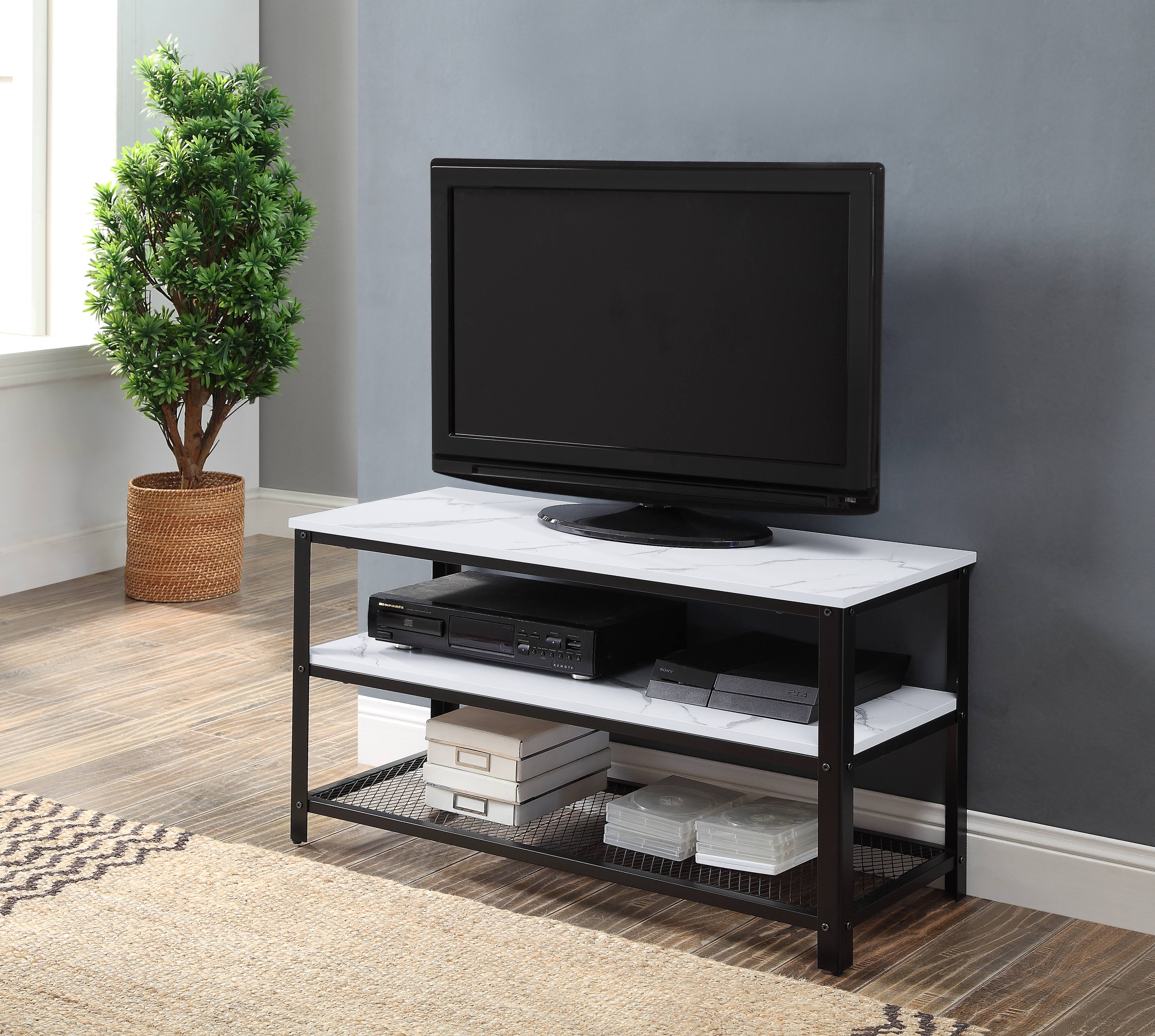 Taurus TV Stand - White Printed Faux Marble u0026 Black Finish