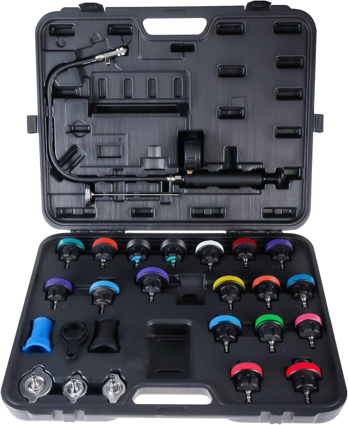 KUNTEC 25pcs Universal Radiator Pressure Tester and Vacuum Type Cooling System Pressure Leak Tester Kit