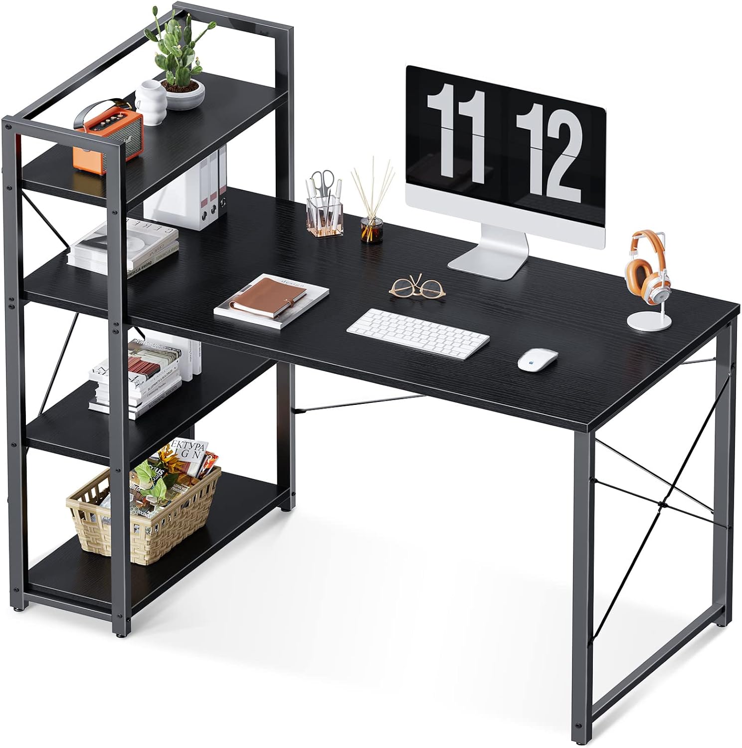 ODK Computer Desk with Storage Shelves 47 inch Home Office Writing Study Work Desk with Reversible Bookshelf Modern Simple Style Table with Hutch for Small Space,Black
