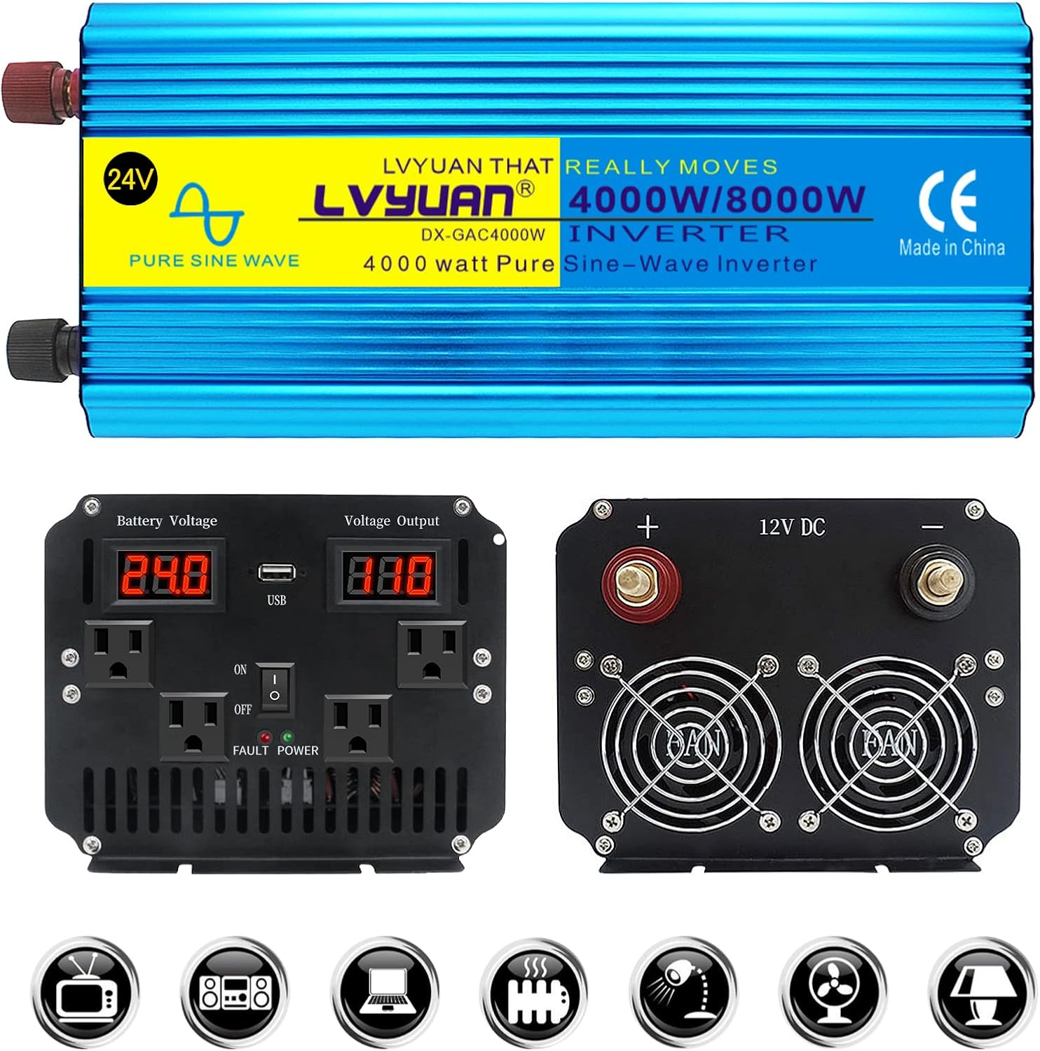 Yinleader 2022 New Pure SINE Wave Power Inverter 4000W DC 24V to AC 110V/120V Converter w/Remote Control USB and LED Display for RV Truck Car