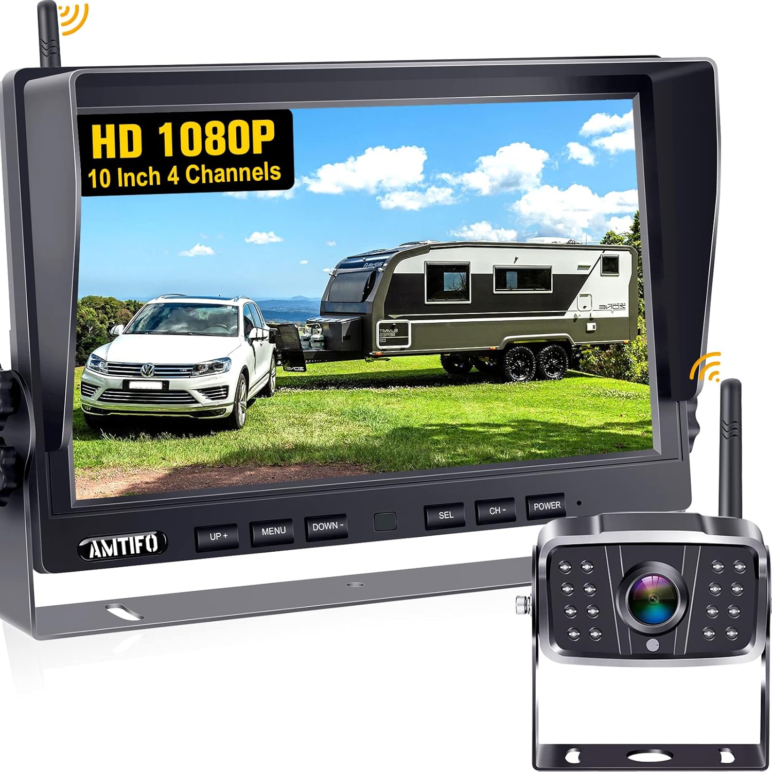 RV Backup Camera Wireless 10'' DVR Monitor HD 1080P Trailer Bluetooth Rear View Cam Split Screen 4 Channels System Truck Camper 5th Wheel Infrared Night Vision AMTIFO A11