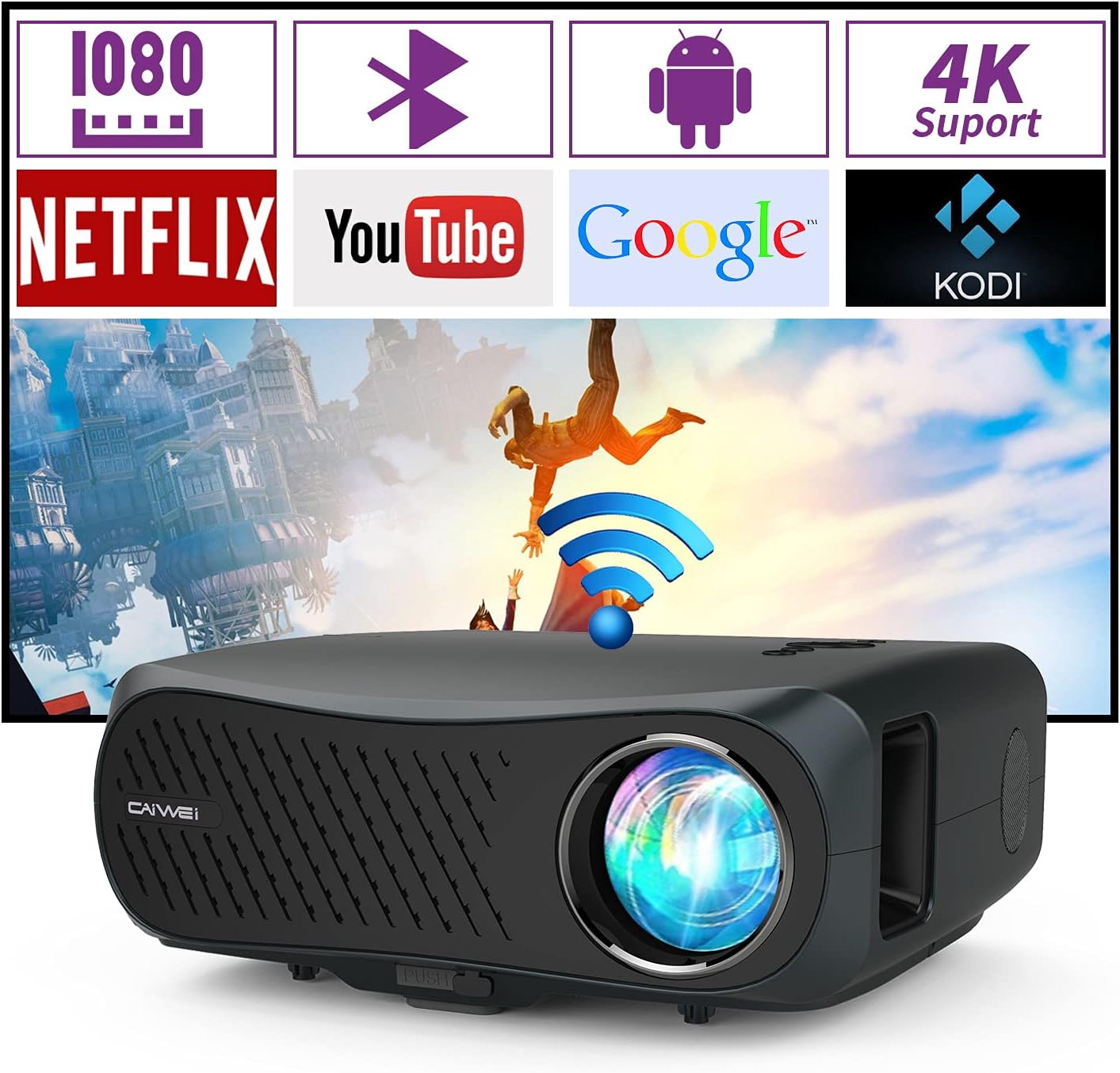1080P Native FHD Projector Wifi Bluetooth HDMI 1920x1080p Smart Wireless LCD LED Movie Projector Built-in Speakers, Airplay/Miracast,USB, ZOOM, 7200lm Video Proyector Beamer for Home Theater Gaming TV