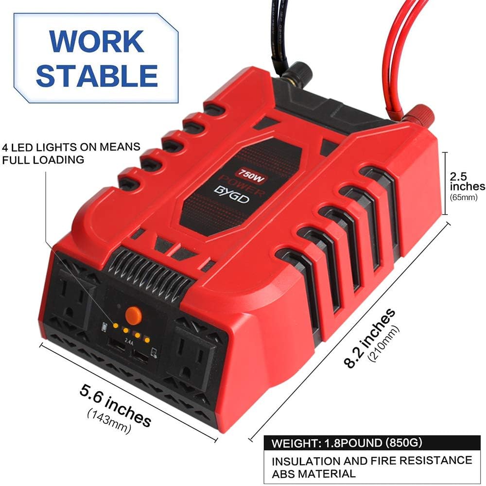 BYGD Car Power Inverter 750W 12V DC to 110V AC Converter with 2 Outlets and Dual 2.4A USB Ports Fast Car Charger Adapter(750W) Pack of 2