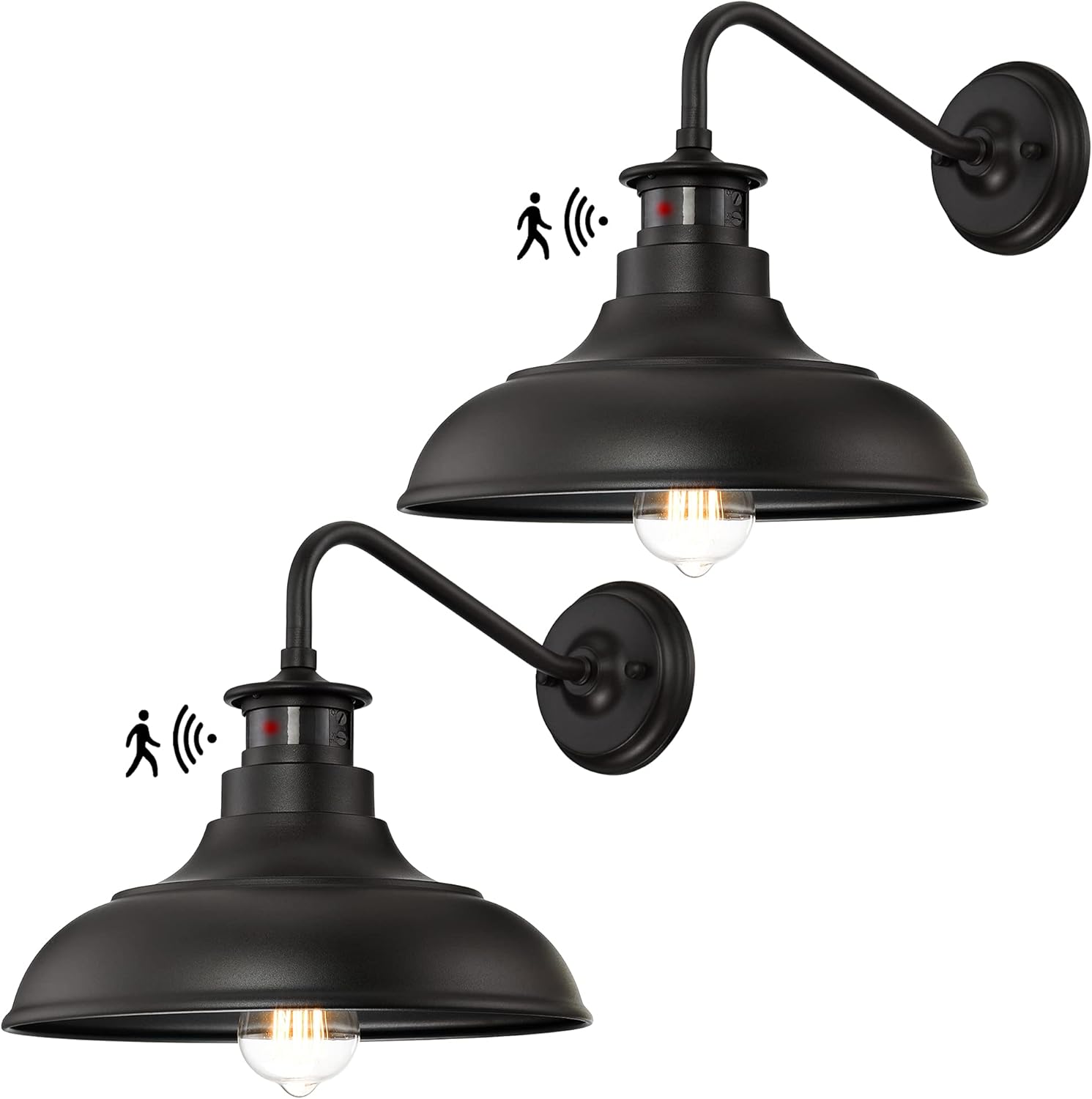 Dusk to Dawn Motion Activated Sensor Gooseneck Outdoor Wall Light Fixture, Industrial Outdoor Barn Light Matte Black Exterior Wall Sconce for Garage Porch Front Door, 2 Pack(Bulbs Included)