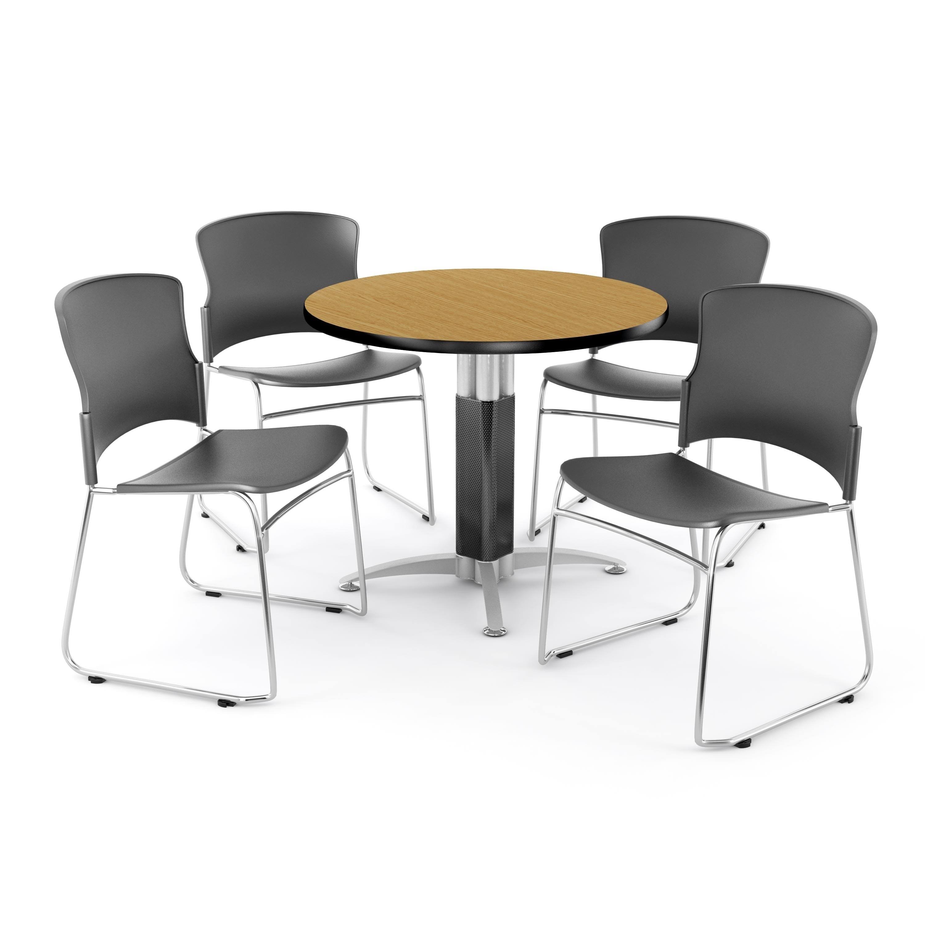 Ofm Breakroom Package, 36x22 Round Mesh Base Multipurpose Oak Table with Four Navy Plastic Multi-Use Stack Chairs