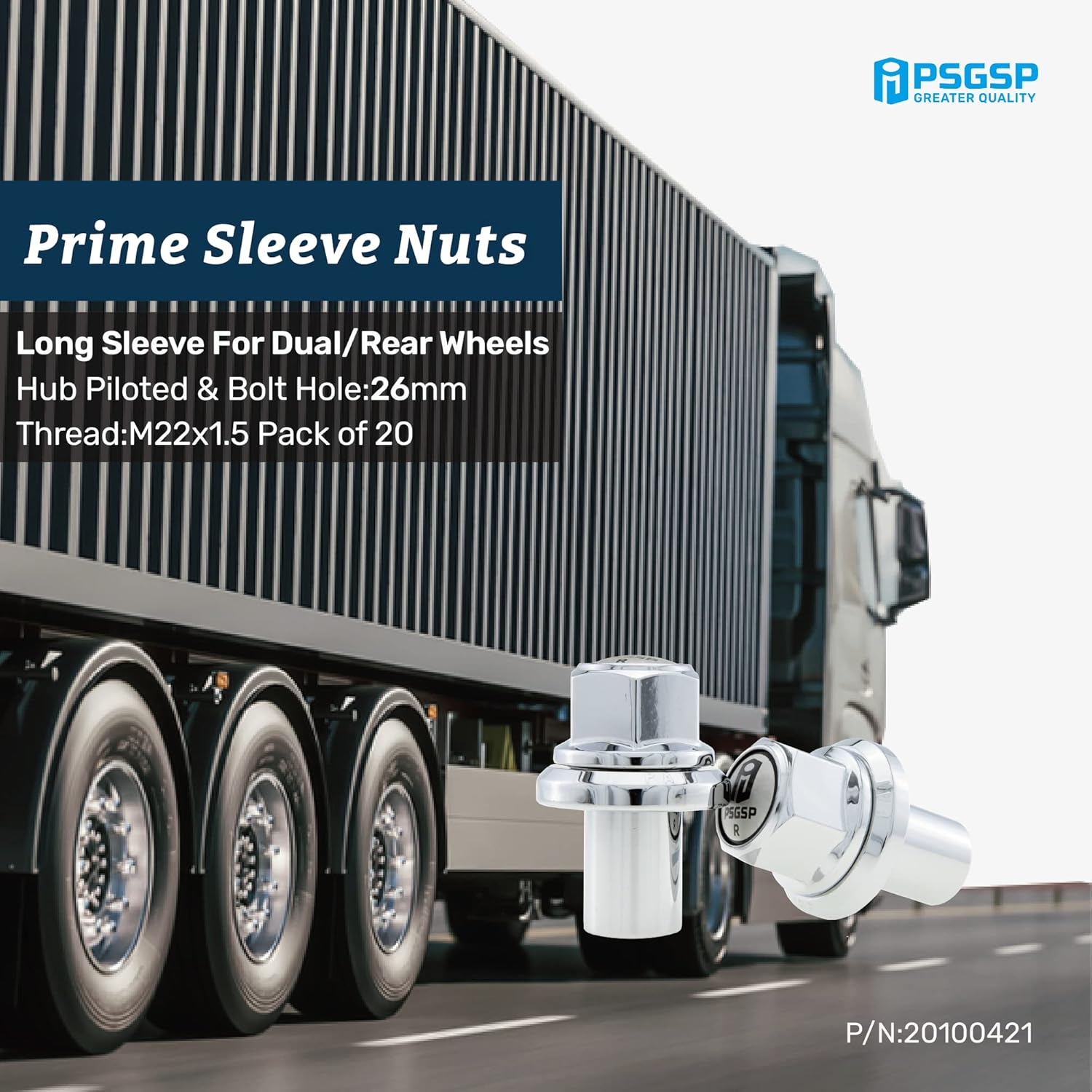 PSGSP Prime Sleeve Wheel Nuts M22x1.5 Chrome for Heavy Duty Truck, Semi Truck, Trailer or Bus Fit Dual or Rear Alcoa Aluminum Wheels with Hub Piloted & Bolt Hole : 26mm -Pack of 20