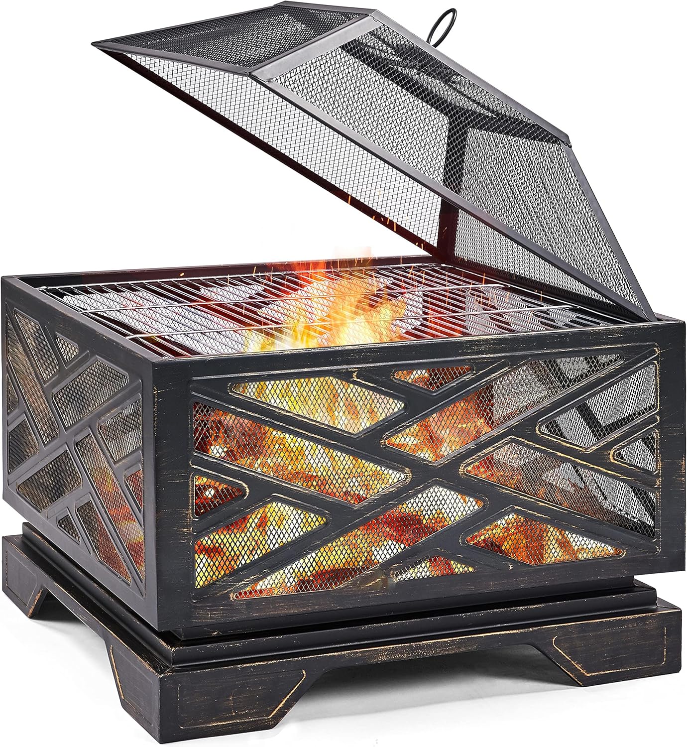 Yaheetech Fire Pit 26in Fire Pits for Outside Square Steel Outdoor Firepits Rectangular Deep Fire Pit Bowl with Spark Screen, Poker & Metal Grate for Camping, Backyard & Garden