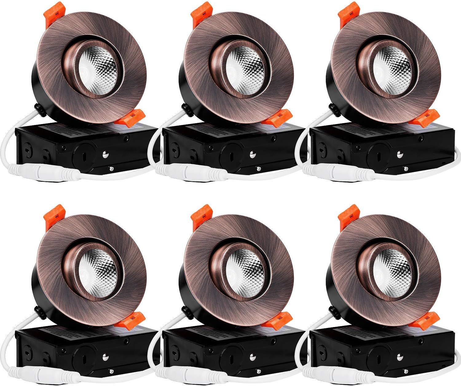 TORCHSTAR E-Star Series 3 Inch Gimbal LED Recessed Light with Junction Box, 7W (50W Eqv.) Dimmable, Airtight, CRI 90+, ETL/Energy Star/JA8/Title 24, 4000K Cool White, Oil Rubbed Bronze, Pack of 6