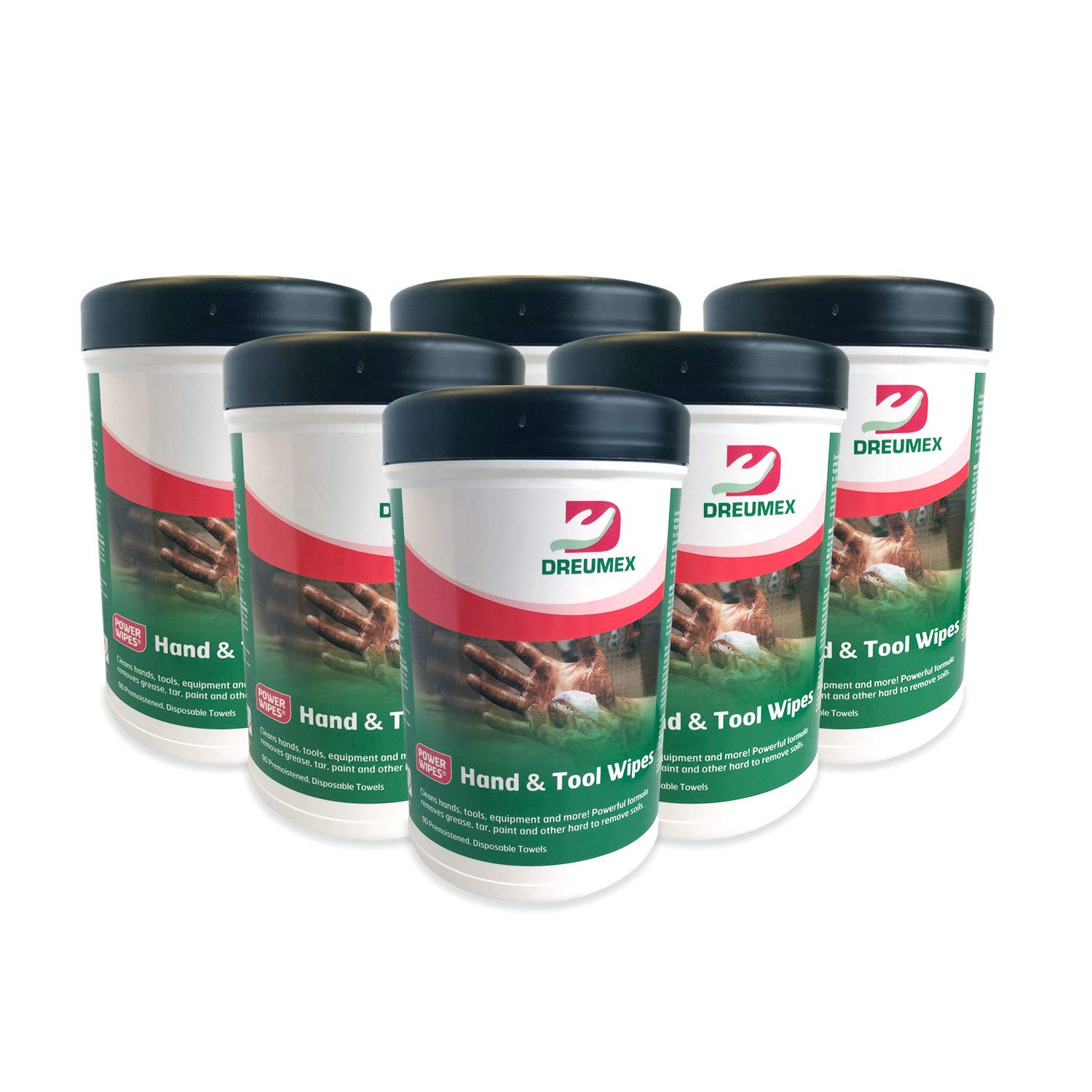 Dreumex Power Wipes, Ultra Heavy Duty Hand & Tools Cleaning Wipes, Large Multipurpose Disposable Shop Towels, 6 Pack of 90 Count Canisters, Perfect for Removing Dirt, Tar, Oil, Grease, White/green (41000905005) Pack of 2