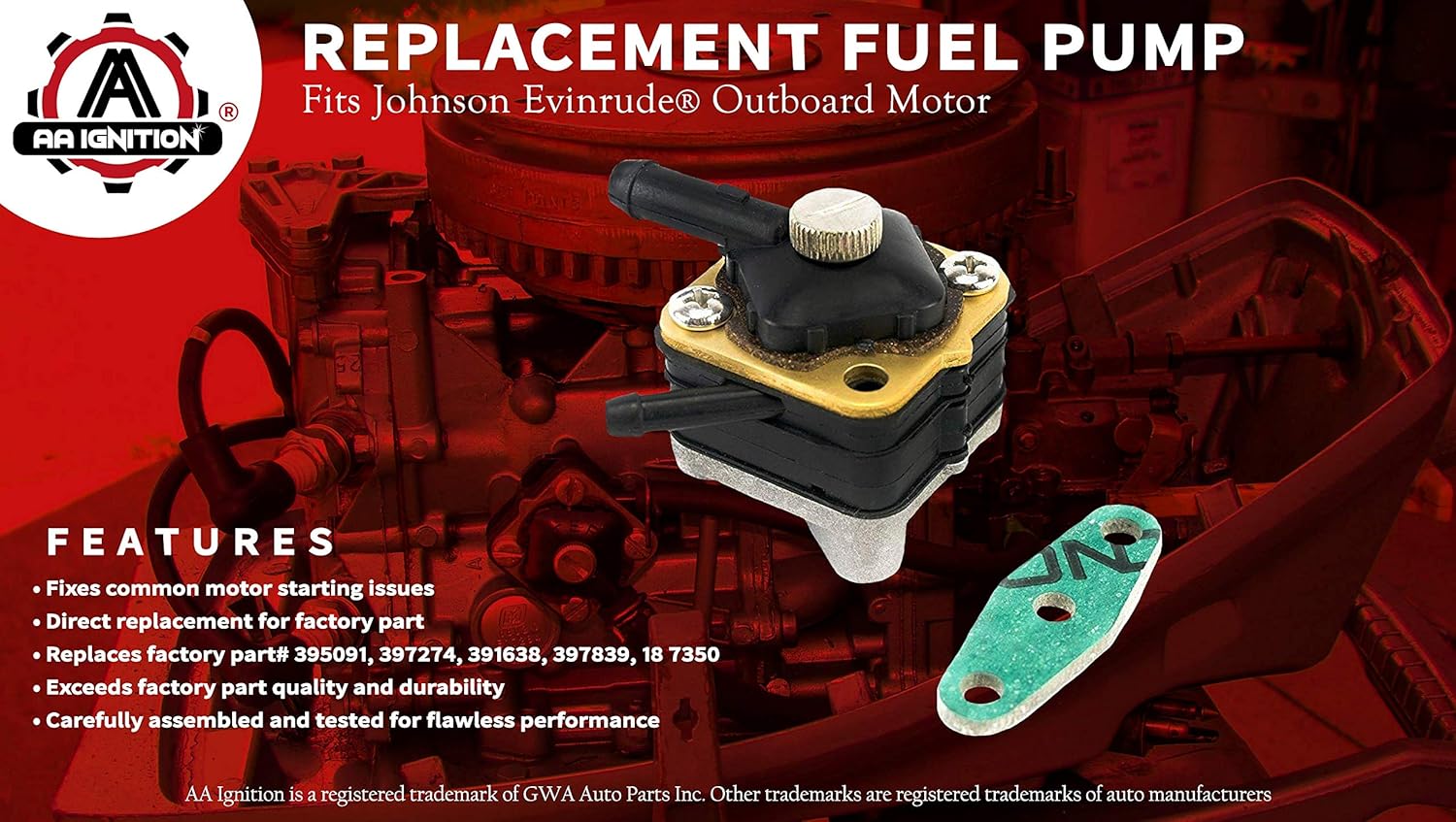 Fuel Pump with Gasket - Compatible with Johnson Evinrude Outboard Motor - Pre 1993 6hp, 9.9hp, 15hp Models - Replaces Part 395091, 397839, 18 7350, 397274, 391638