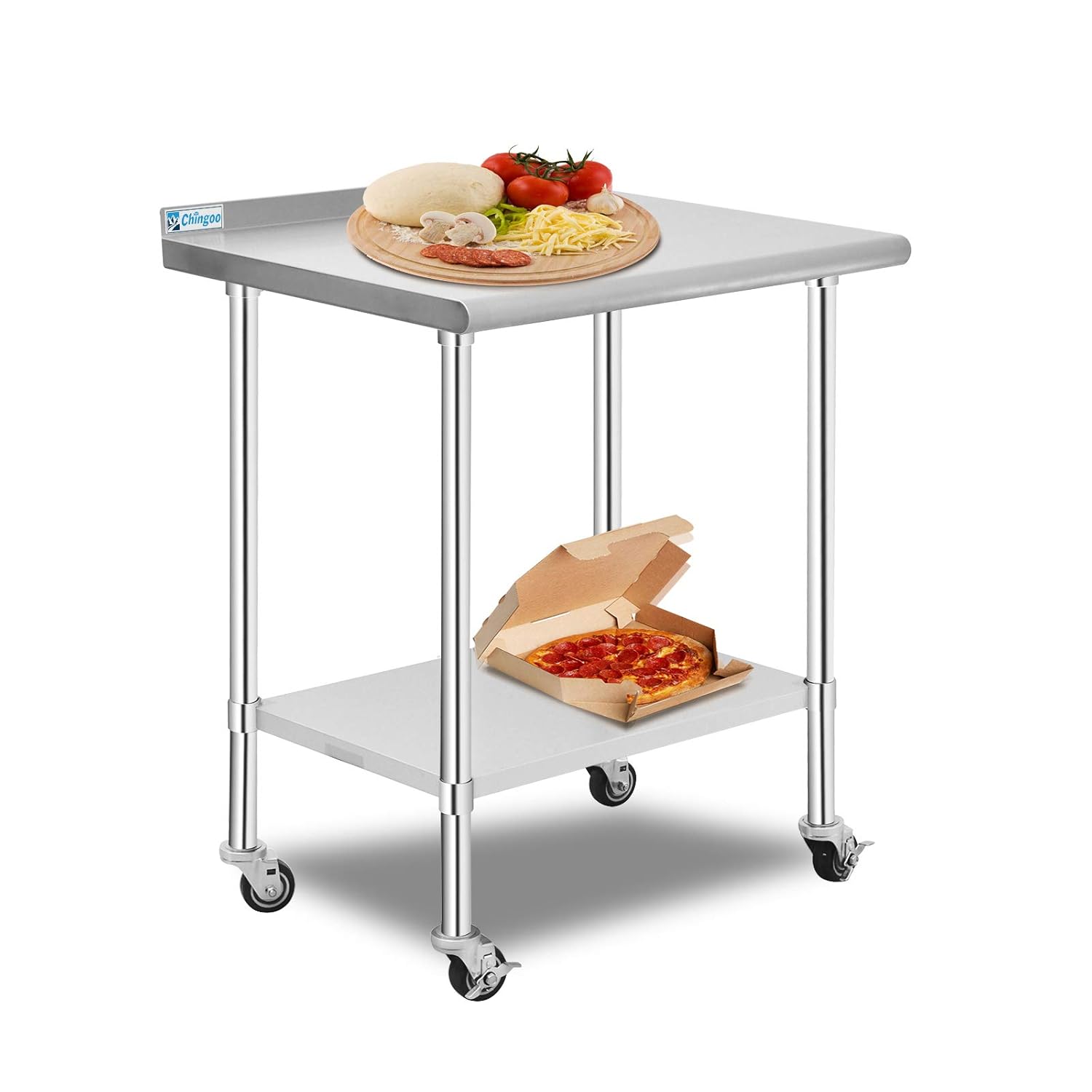 Chingoo Stainless Steel Table 24x36 Inches with Caster Wheels Commercial Heavy Duty Prep Table with Undershelf and Backsplash for Restaurant, Home and Hotel