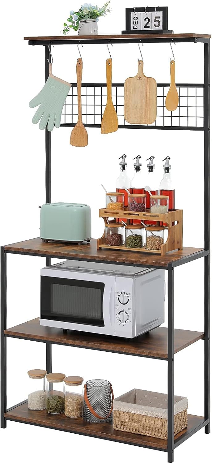 USIKEY Kitchen Baker's Rack, Coffee Bar with 5 Hooks, Industrial Microwave Oven Stand with Display Shelf, Free Standing Utility Storage Shelf, Perfect Kitchen Addition