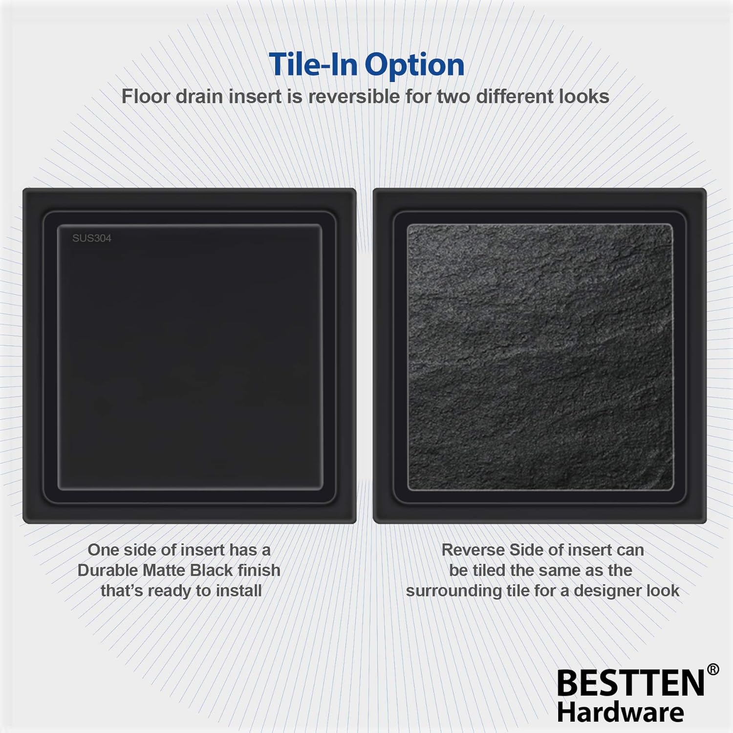 BESTTEN Modern Designer Matte Black 6 Inch Square Shower Floor Drain with Drain Base, Reversible Designer Tile/Stainless Insert, Solid 304 Stainless Steel, CUPC Certified