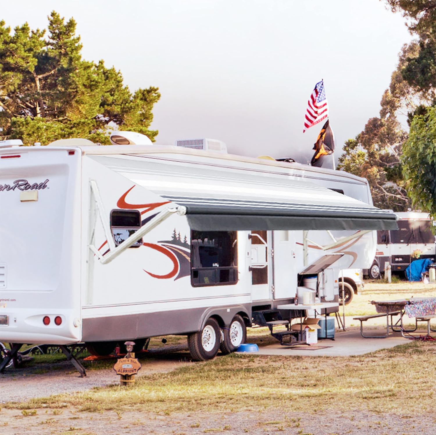 Awnlux White Motorized Modular Retractable RV Awning Full Set Assemblies for RV, 5th Wheel, Travel Trailers, Toy Haulers, and Motorhome - RV Trailer Awning for Home or Camper - 10x8 Ft - Black Strip