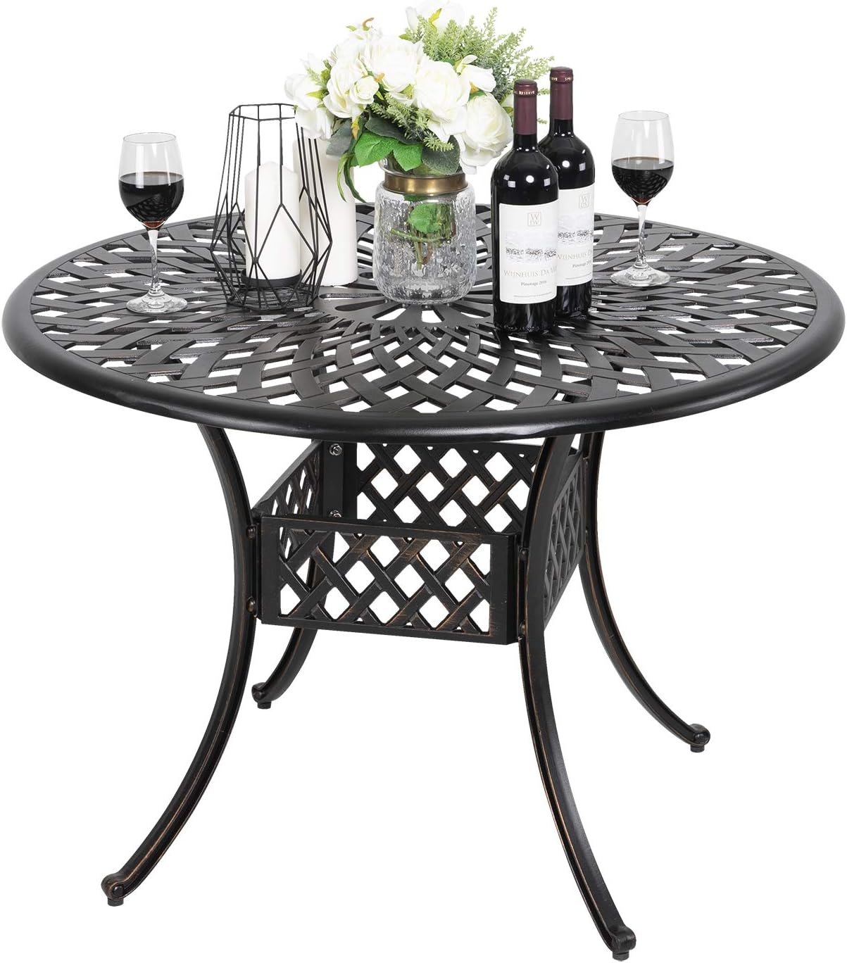 Nuu Garden Round Patio Table, Outdoor Cast Aluminum Patio Dining Table with Umbrella Hole All Weather Patio Bistro Table for Balcony, Garden, Patio, Porch, 42 Inch, Black